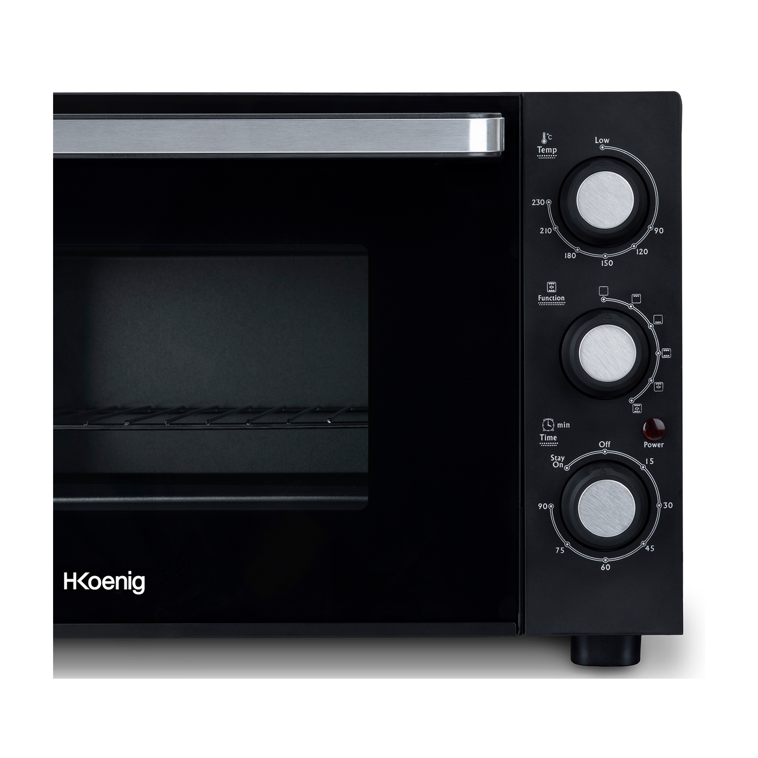Un pannello di controllo per mini forno H.Koenig nero con tre manopole argentate, porta in vetro e maniglia.