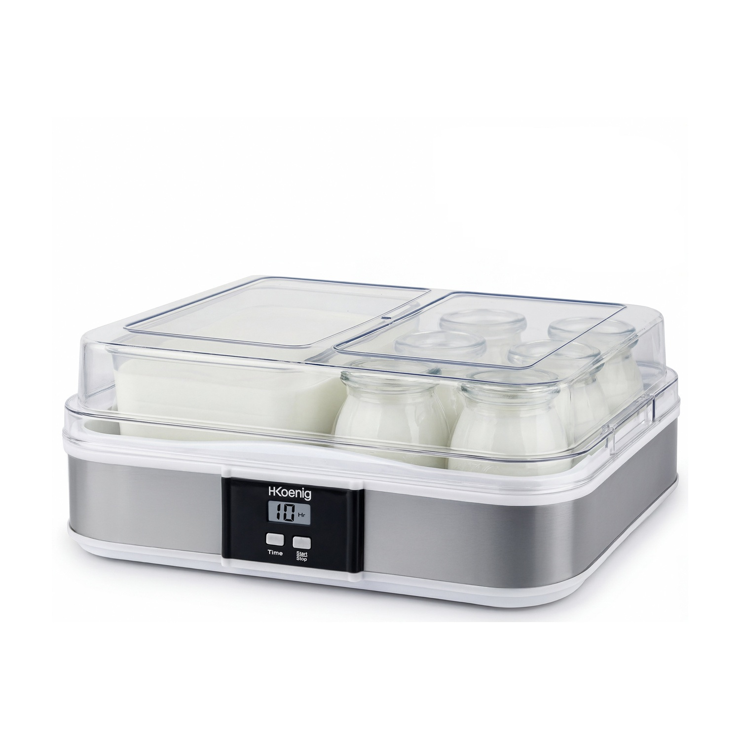 Una yogurtiera argento con display digitale, un contenitore grande e sei barattoli piccoli sotto coperchi trasparenti.