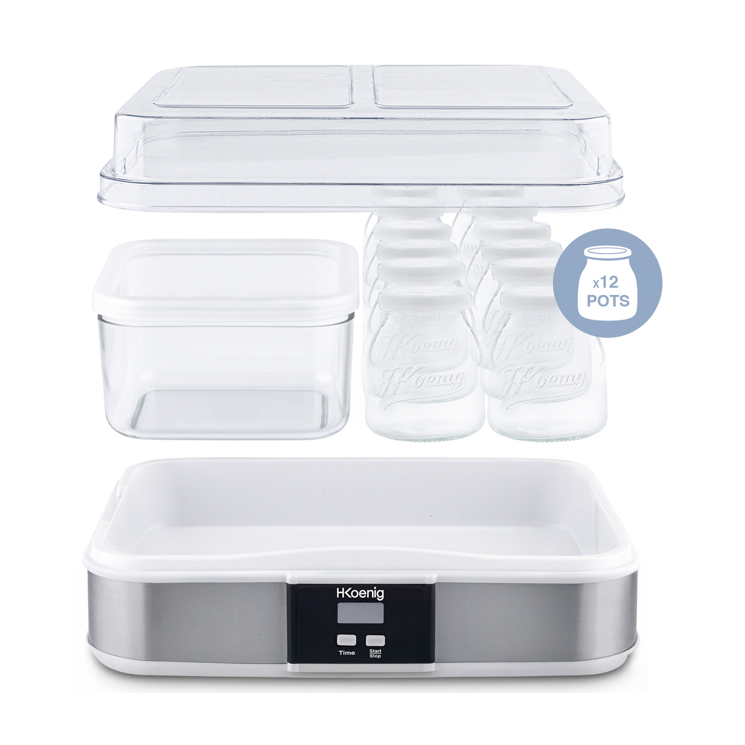 Yogurtiera con base in acciaio inox, coperchio trasparente, contenitore e dodici vasetti in vetro su fondo bianco.