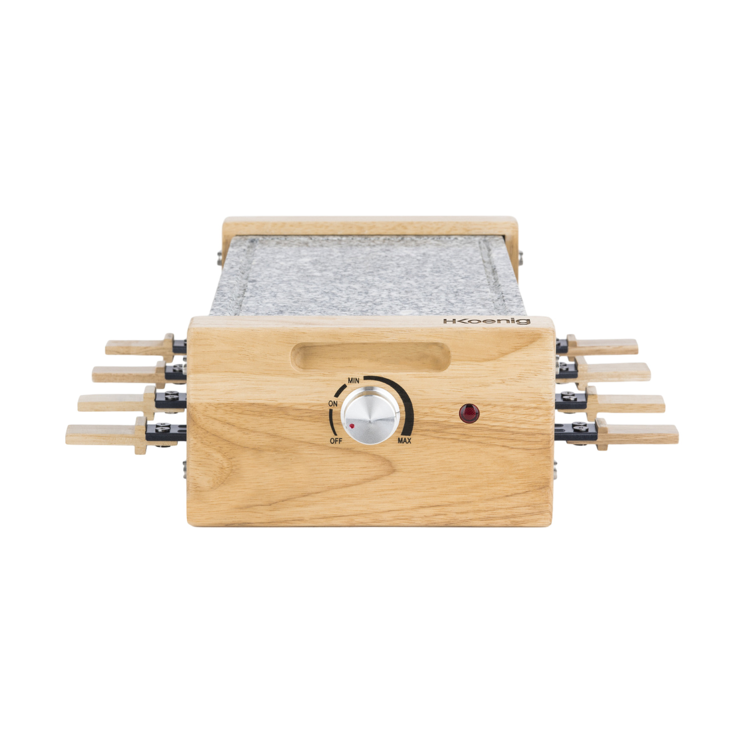 Raclette in legno con piastra in pietra grigia, manopola della temperatura e padelle sui lati.