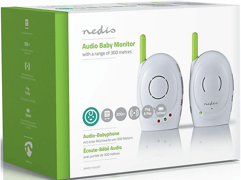 Nedis BAMO110AUWT Babyphone, FHSS (Frequency-Hopping Spread Spectrum), Mit Rückruffunktion, Batteriebetrieben/Netzstromversorgung, Weiß/Grün — Foto 3 von 5