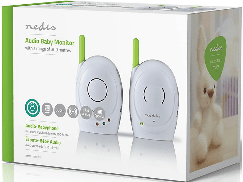 Nedis BAMO110AUWT Babyphone, FHSS (Frequency-Hopping Spread Spectrum), Mit Rückruffunktion, Batteriebetrieben/Netzstromversorgung, Weiß/Grün — Foto 5 von 5