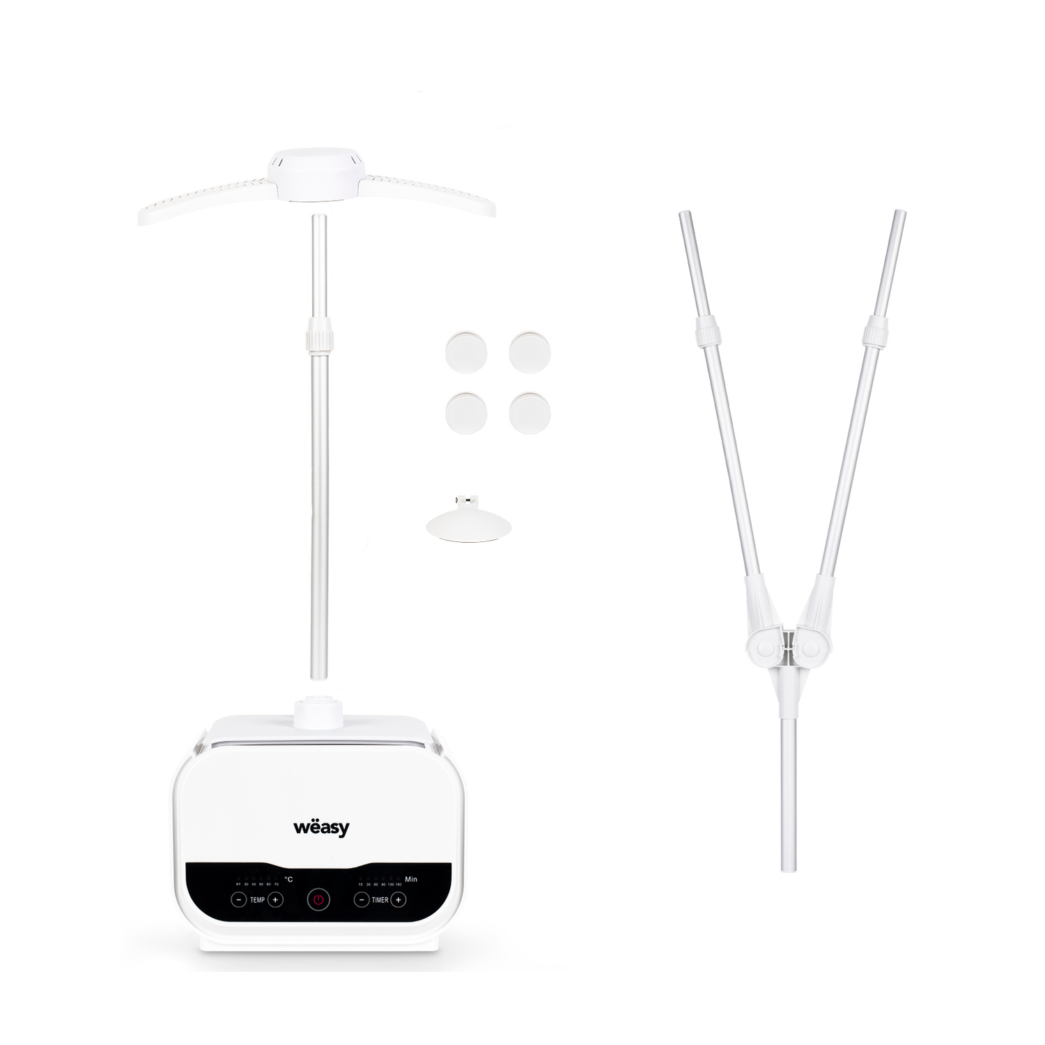 Stiratrice verticale bianca con supporto staccabile, quattro accessori rotondi e bracci estensibili su sfondo bianco.
