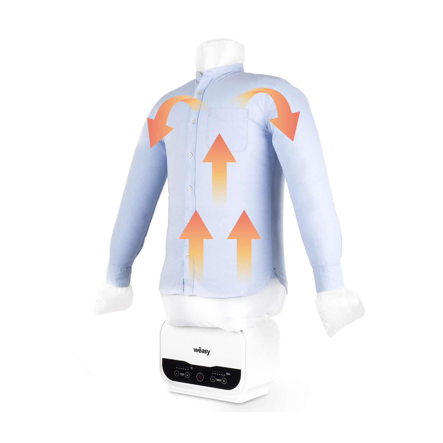 Una camicia azzurra su manichino bianco con frecce arancioni.