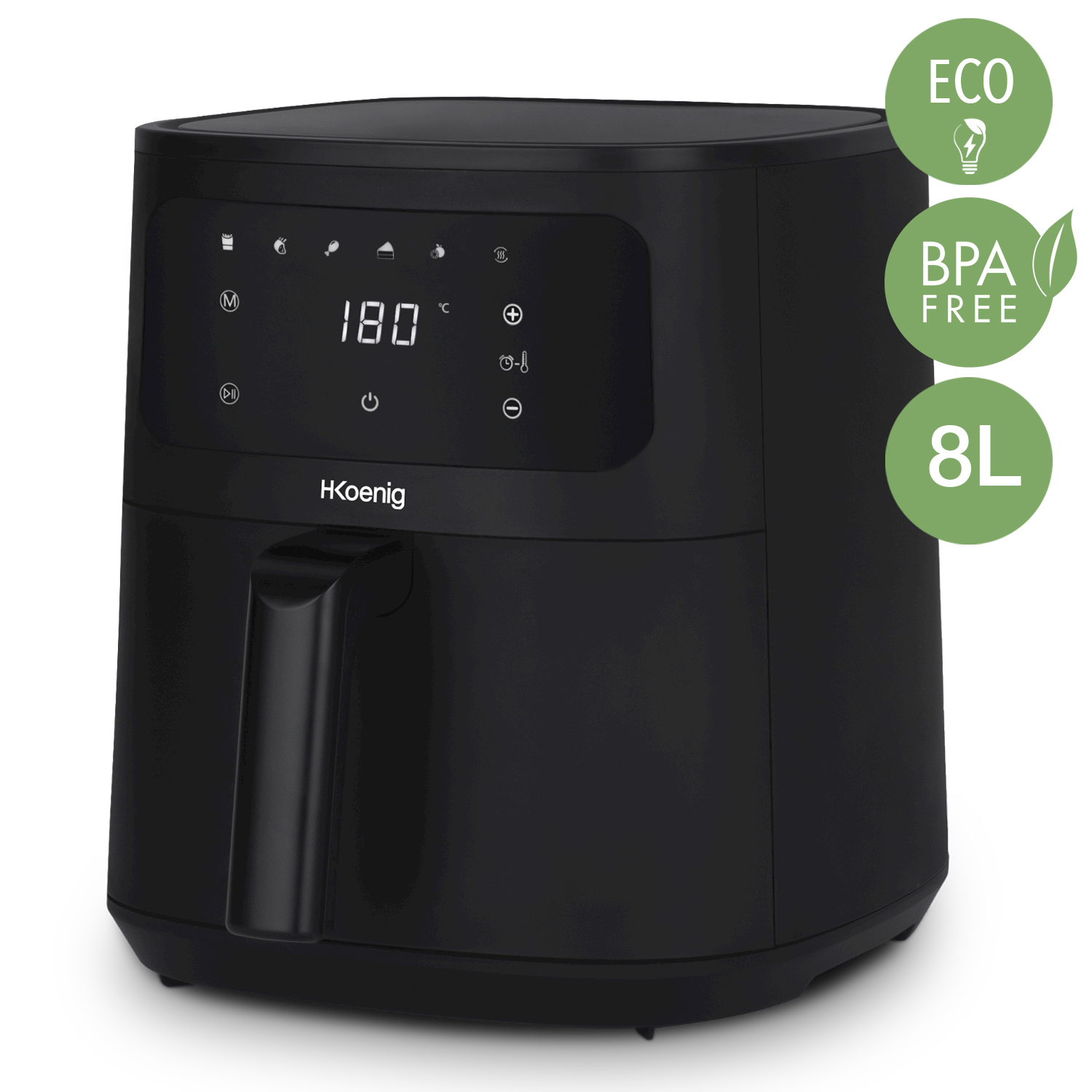 Friggitrice ad aria nera H.Koenig con display digitale e manico su sfondo bianco, accompagnata da loghi verdi.