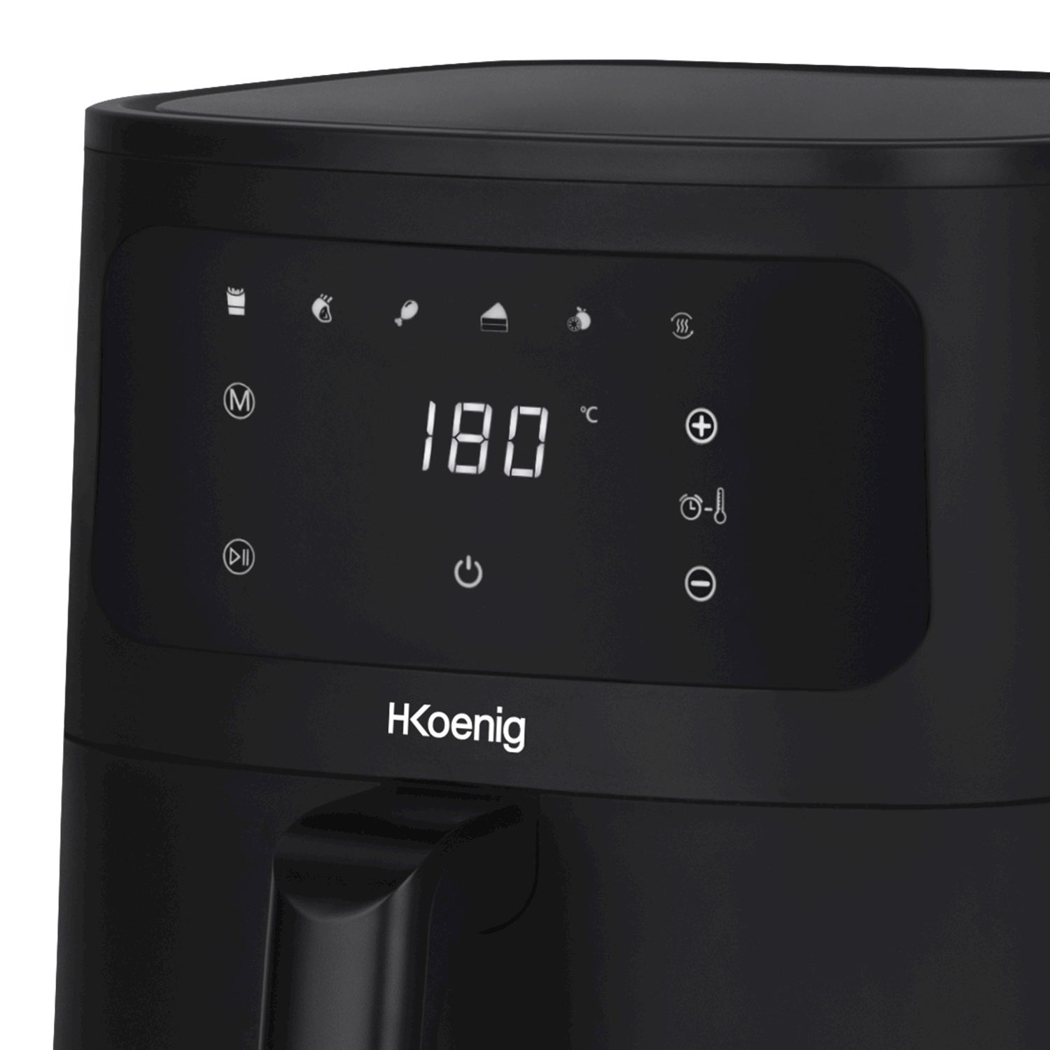 Friggitrice ad aria nera con display digitale che mostra 180 °C, controlli touch e logo del marchio H.Koenig.