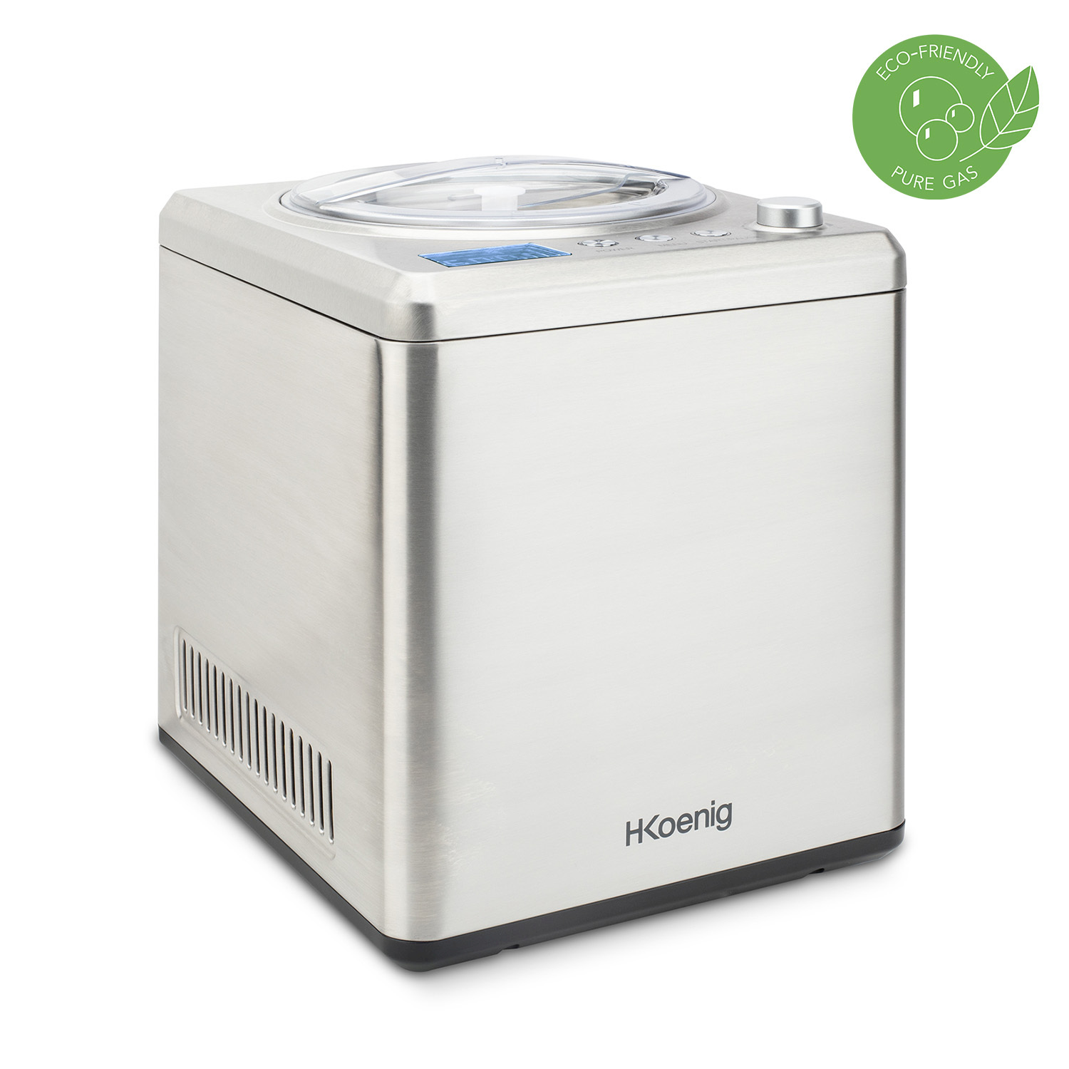 Gelatiera H.Koenig in acciaio inox con display digitale e coperchio trasparente, con etichetta ecologica.