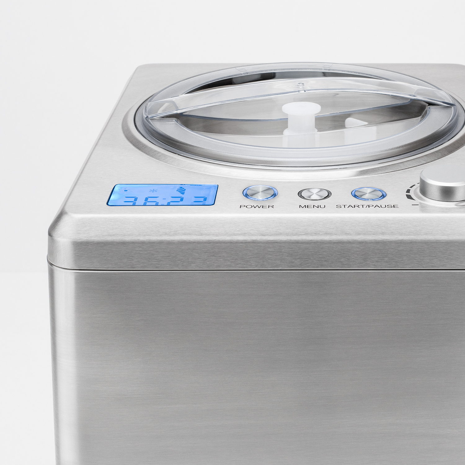 Gelatiera in acciaio inossidabile con coperchio trasparente, display blu e tre pulsanti rotondi.