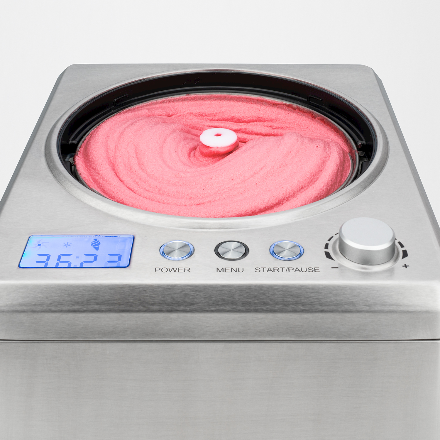 Gelatiera in acciaio inossidabile con miscela rosa, display digitale, pulsanti e manopola.