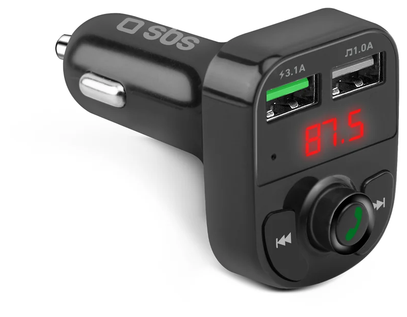 SBS Autós kihangosító és töltő, FM transzmitter, 2 × USB-A, AFC, 15W, fekete (TECARFM2USB)