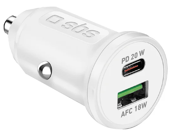 SBS Autós töltő, USB-A, USB-C, PD 20W, AFC 18W, fehér (TECRPD20W)