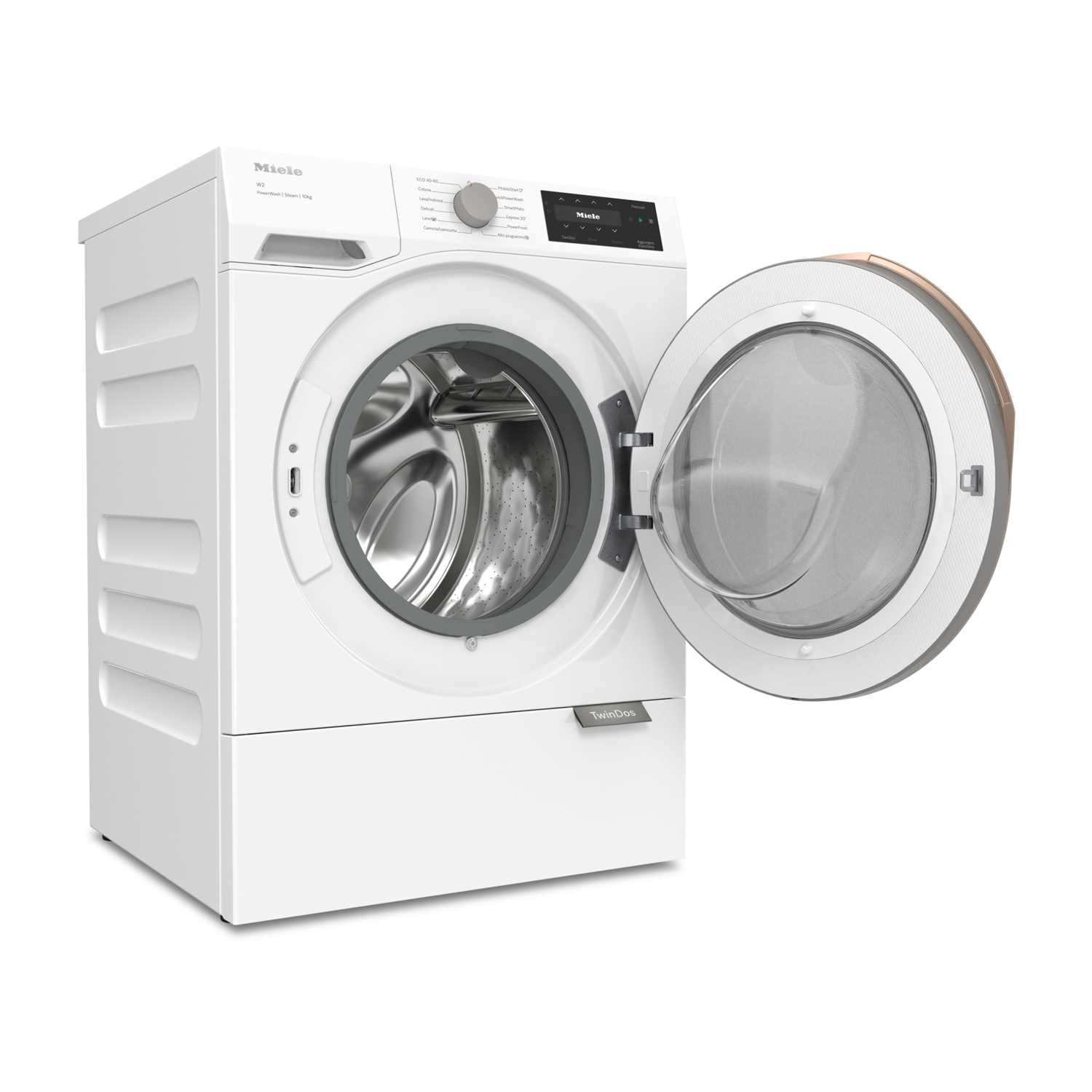 Una lavatrice Miele bianca con lo sportello aperto su sfondo bianco.