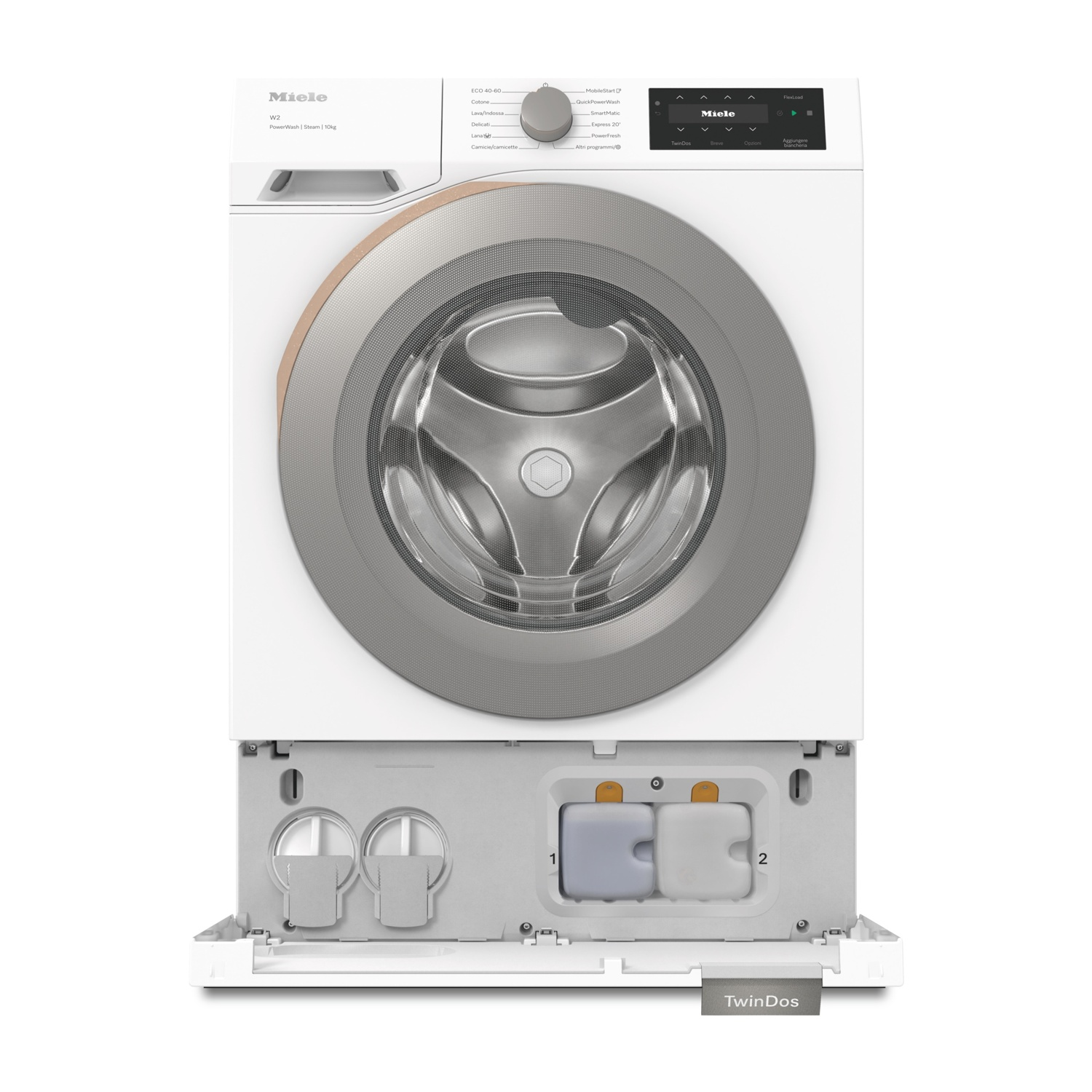 Lavatrice a carica frontale Miele bianca con manopola, display digitale e sportello TwinDos inferiore aperto.
