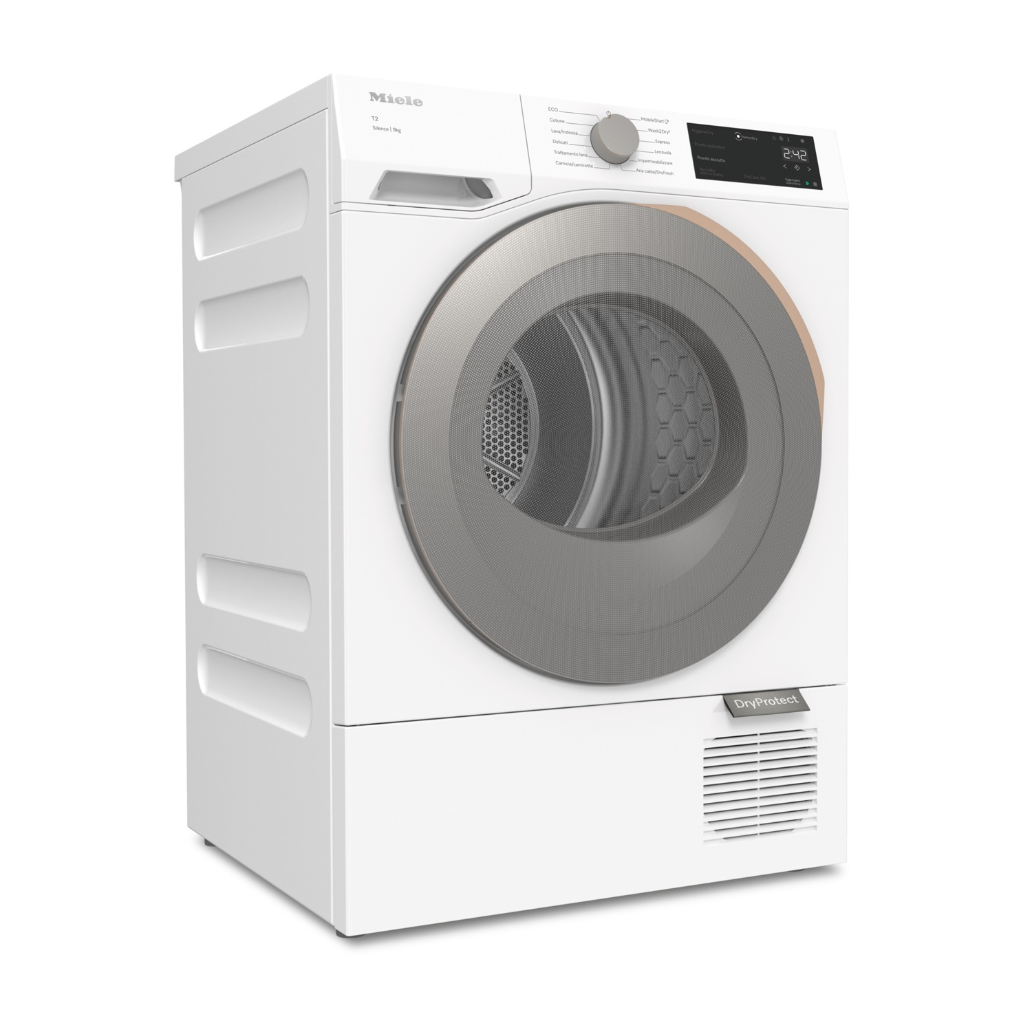 Un'asciugatrice bianca Miele con grande porta in vetro e pannello di controllo è isolata su sfondo bianco.