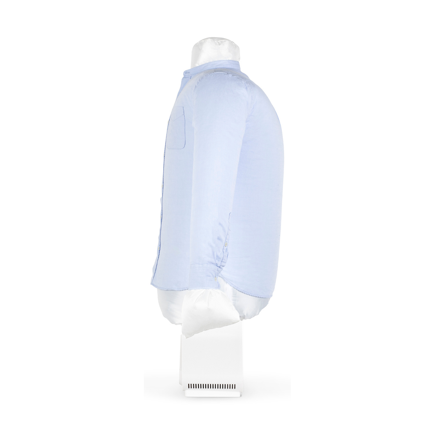 Una camicia a maniche lunghe azzurra su un manichino bianco con sfondo bianco.