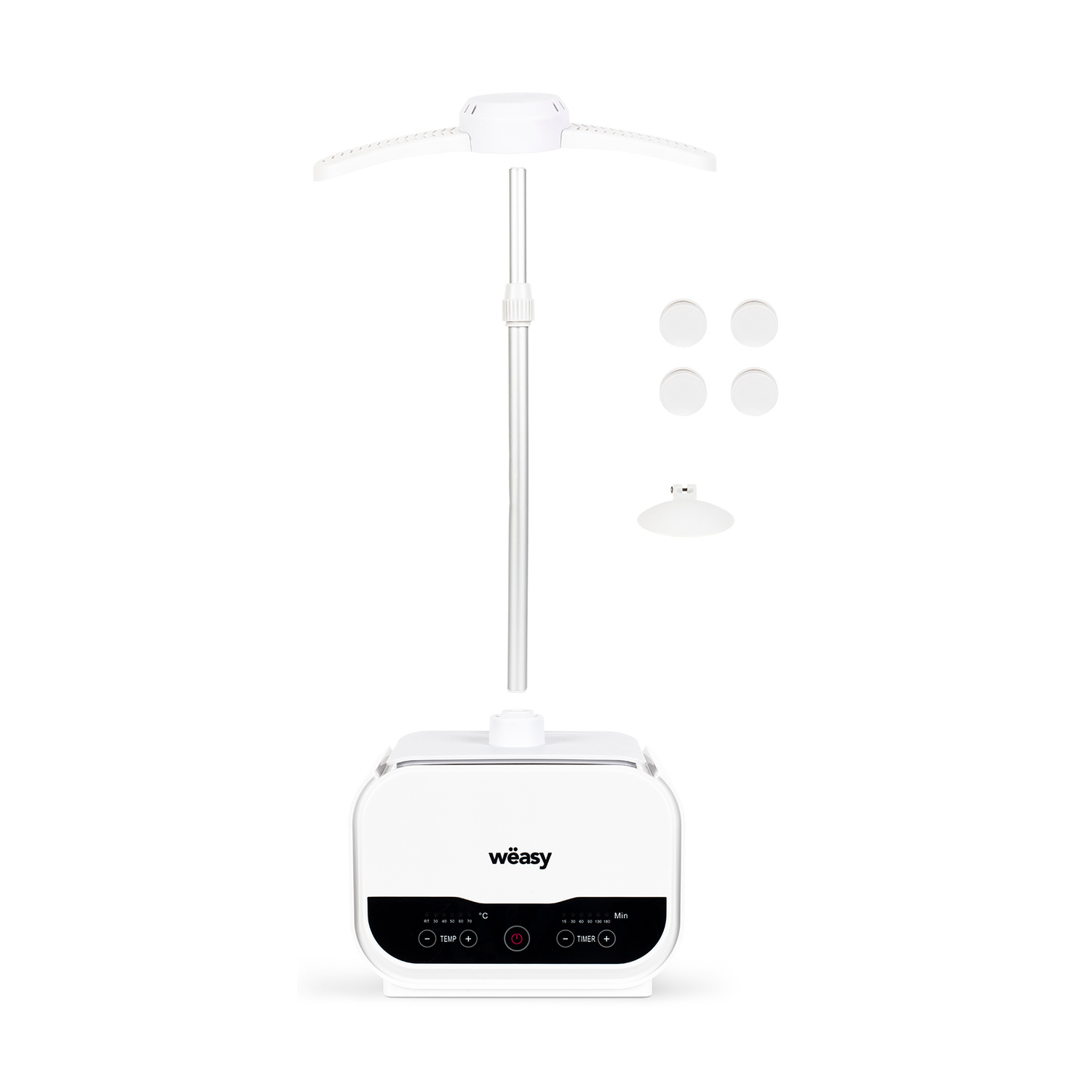 Un dispositivo elettrico bianco per asciugare i vestiti con asta estensibile e comandi digitali, su sfondo bianco.