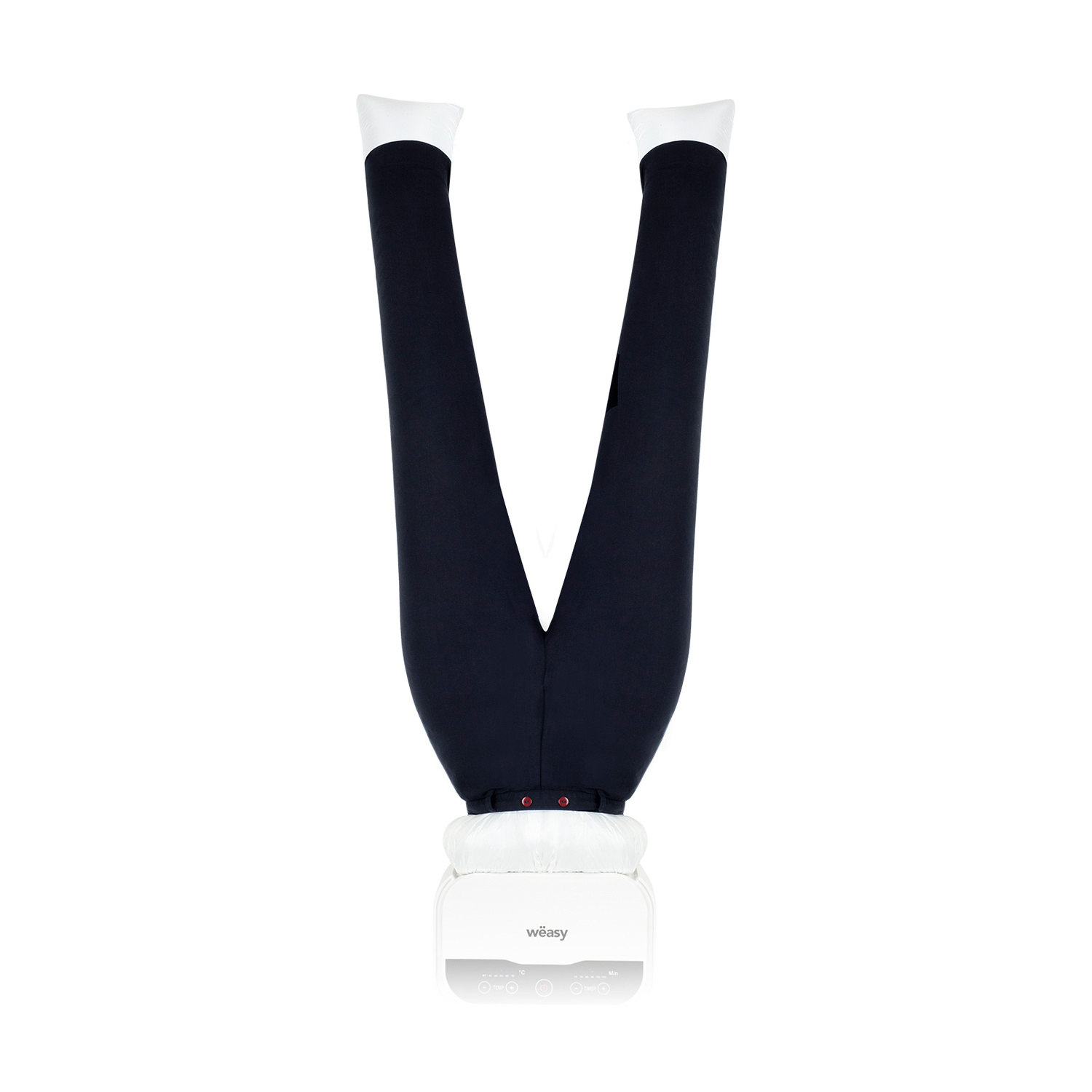 Una pressa per pantaloni elettrica bianca e nera su sfondo bianco.