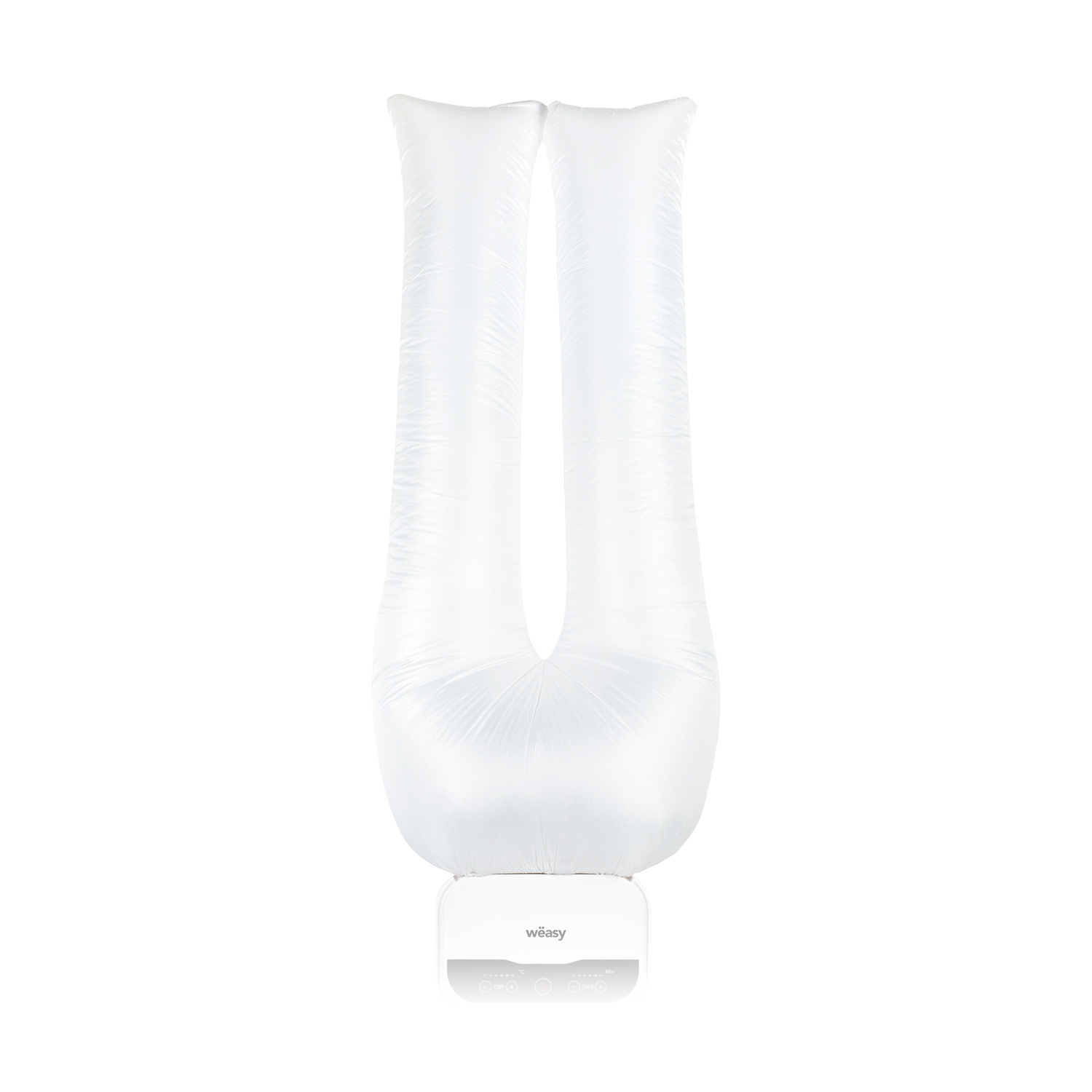 Un accessorio per asciugare pantaloni gonfiabile bianco con base su sfondo bianco.