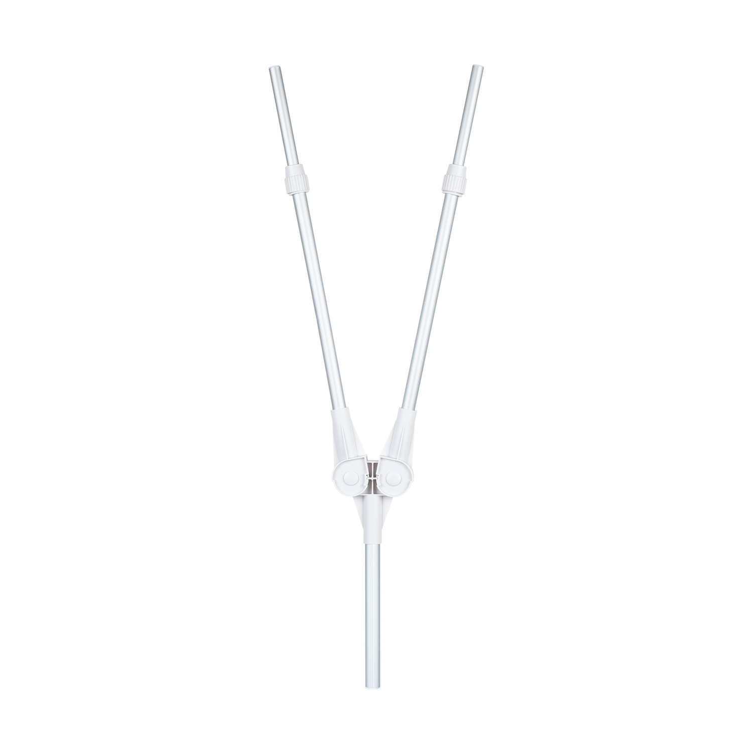 Un supporto bianco a forma di Y in metallo e plastica su sfondo bianco.