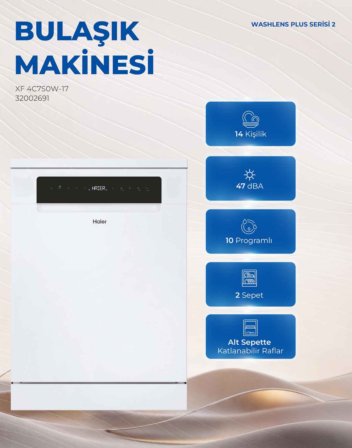 HAIER Xf 4C7S0W-17 10 Programlı Wi-Fi Bağlantılı Bulaşık Makinesi