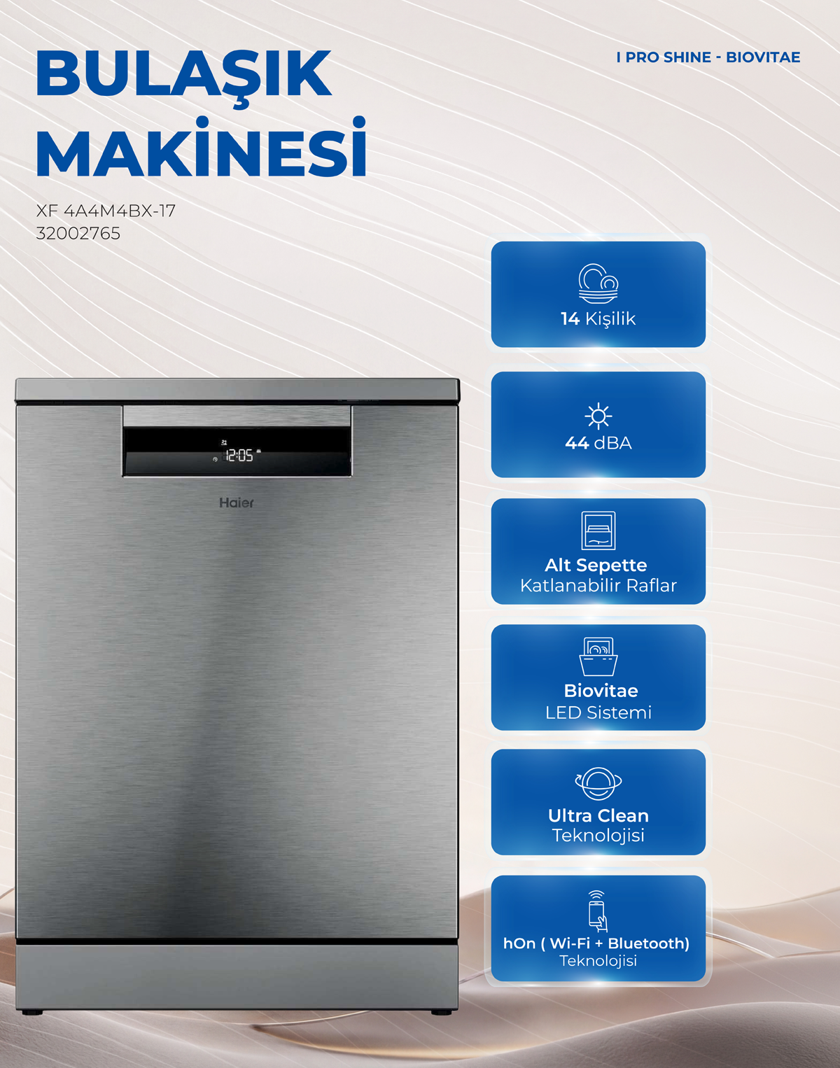 Bej arka planda mavi simgeler ve metinler içeren gri Haier bulaşık makinesi.