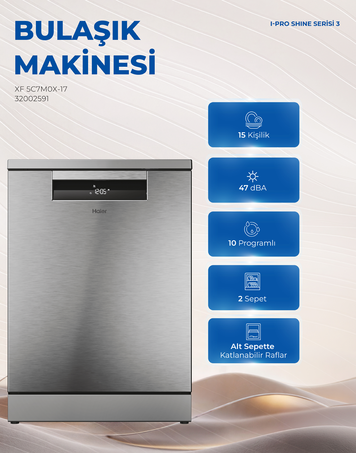 Dalgalı arka plan üzerinde mavi bilgi panelli paslanmaz çelik bulaşık makinesi.