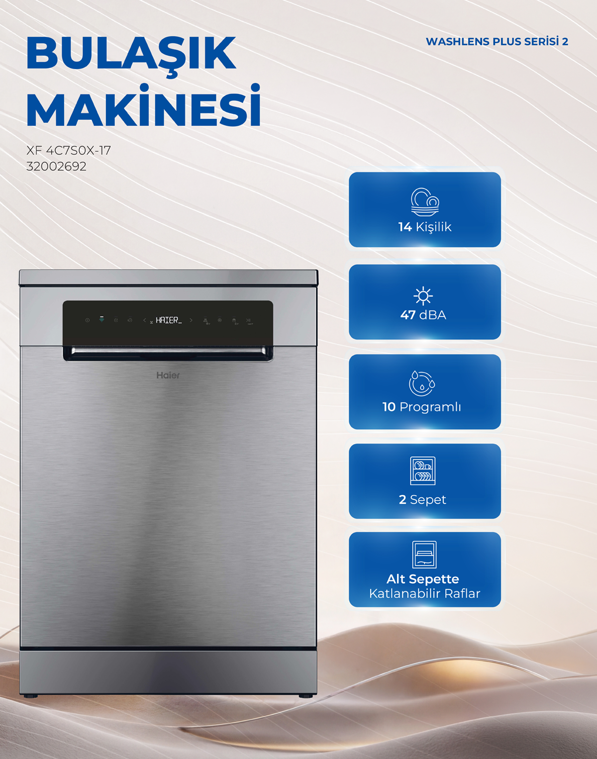 Sağda mavi simge panelleri ve Türkçe metin bulunan gri Haier bulaşık makinesi.