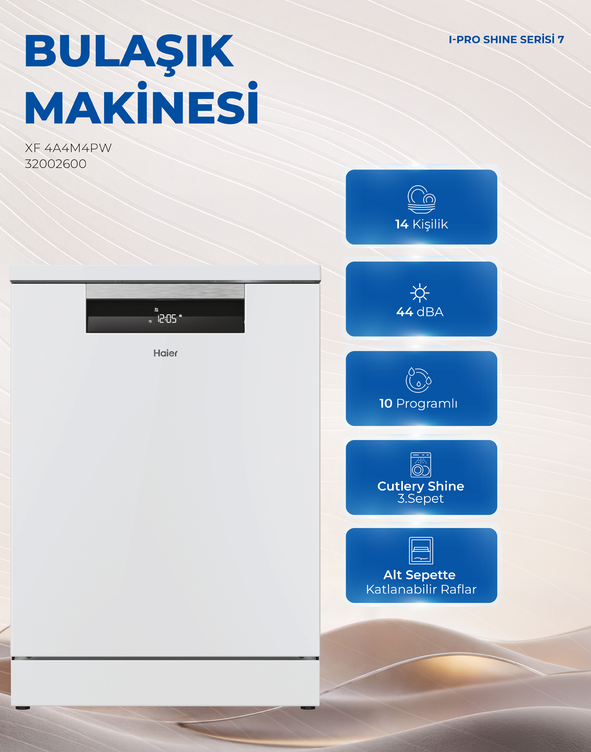 Mavi arka planda özellik simgeleri olan beyaz Haier bulaşık makinesi reklam görseli.