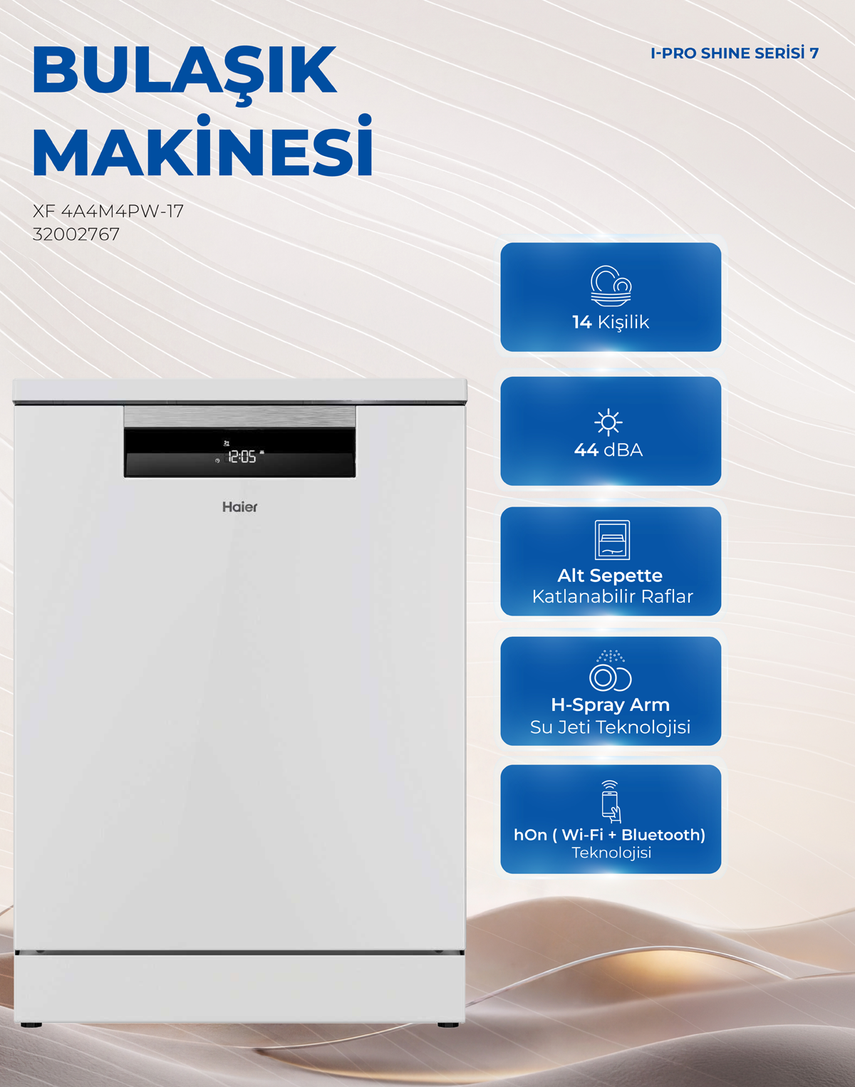 Sağ tarafında mavi özellik simgeleri bulunan beyaz Haier bulaşık makinesinin tanıtım görseli.