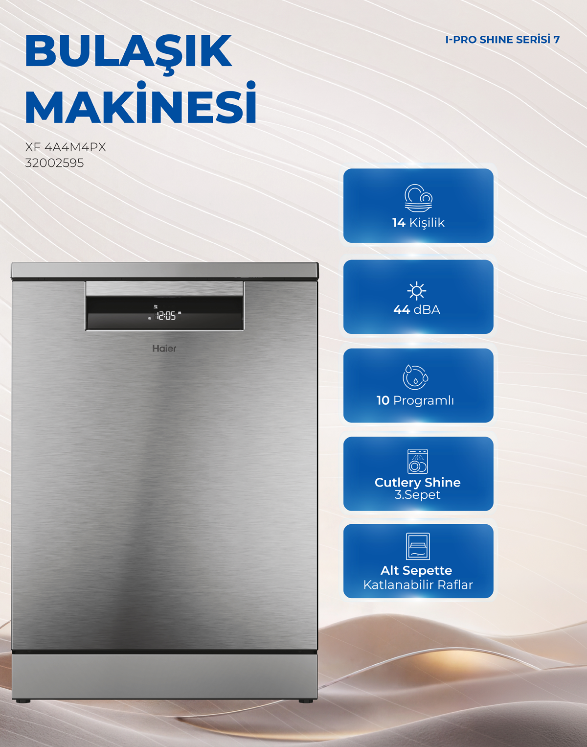 Mavi ikonlu ve özellik kutulu gümüş renkli Haier bulaşık makinesi.