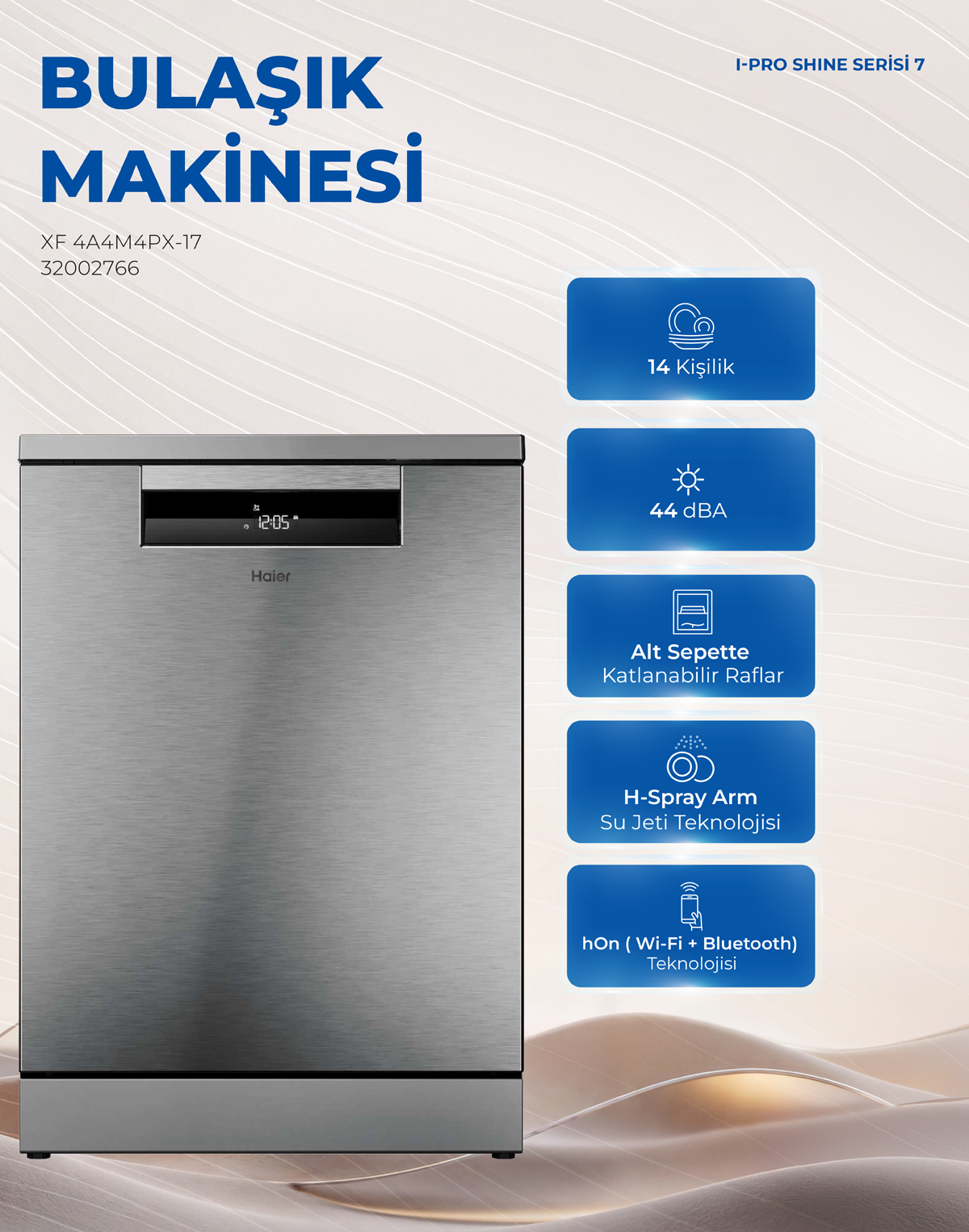 Paslanmaz çelik kaplamalı Haier bulaşık makinesi ve sağda mavi özellik simgeleri.