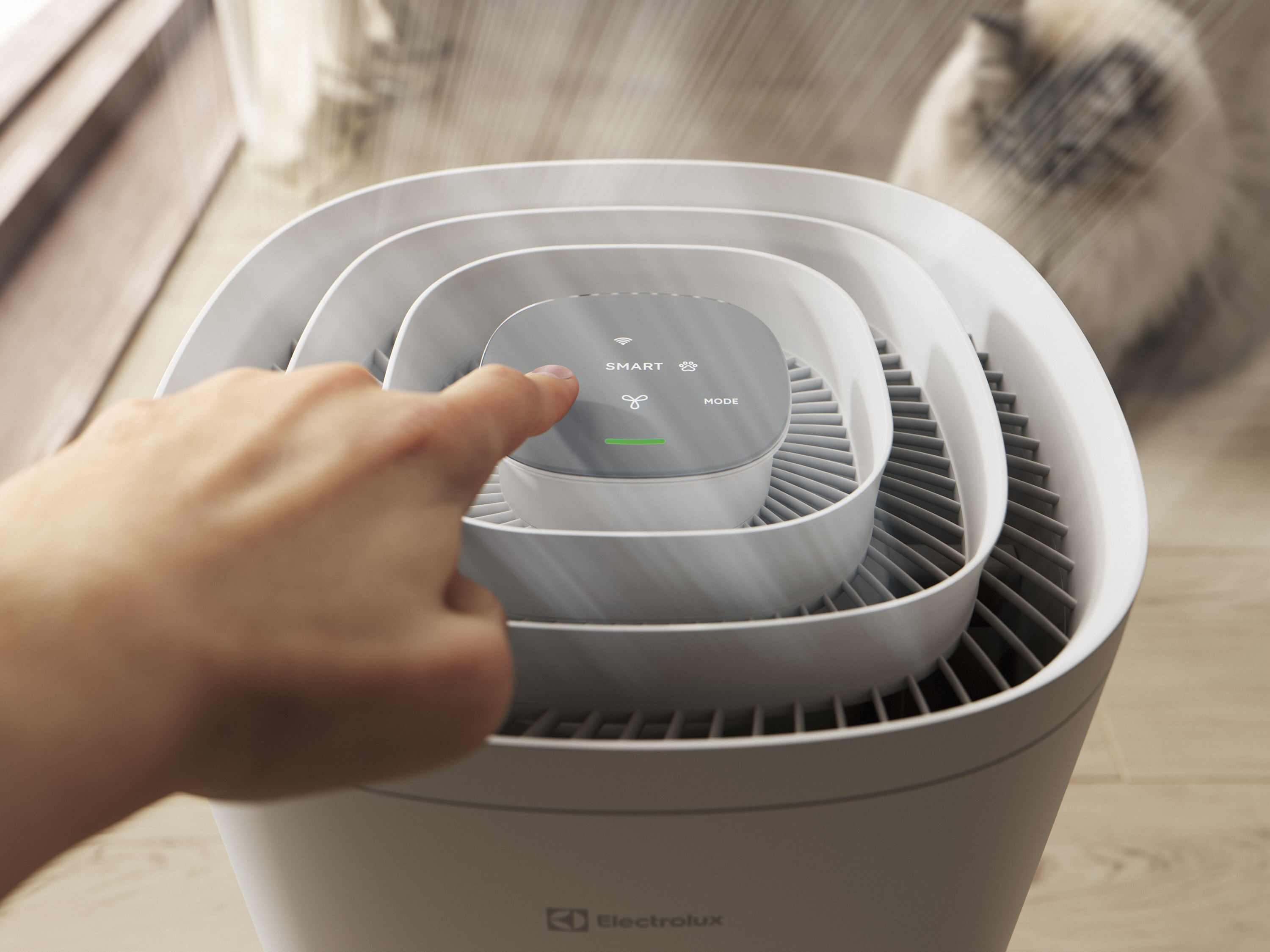 Bir parmak, beyaz bir Electrolux hava temizleyicinin akıllı kontrol paneline basıyor, arka planda bir kedisi var.