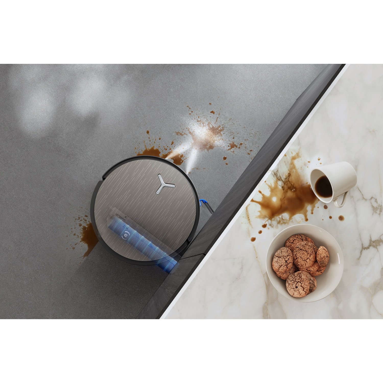 Un robot aspirapolvere pulisce caffè versato su pavimento grigio vicino a marmo con biscotti.