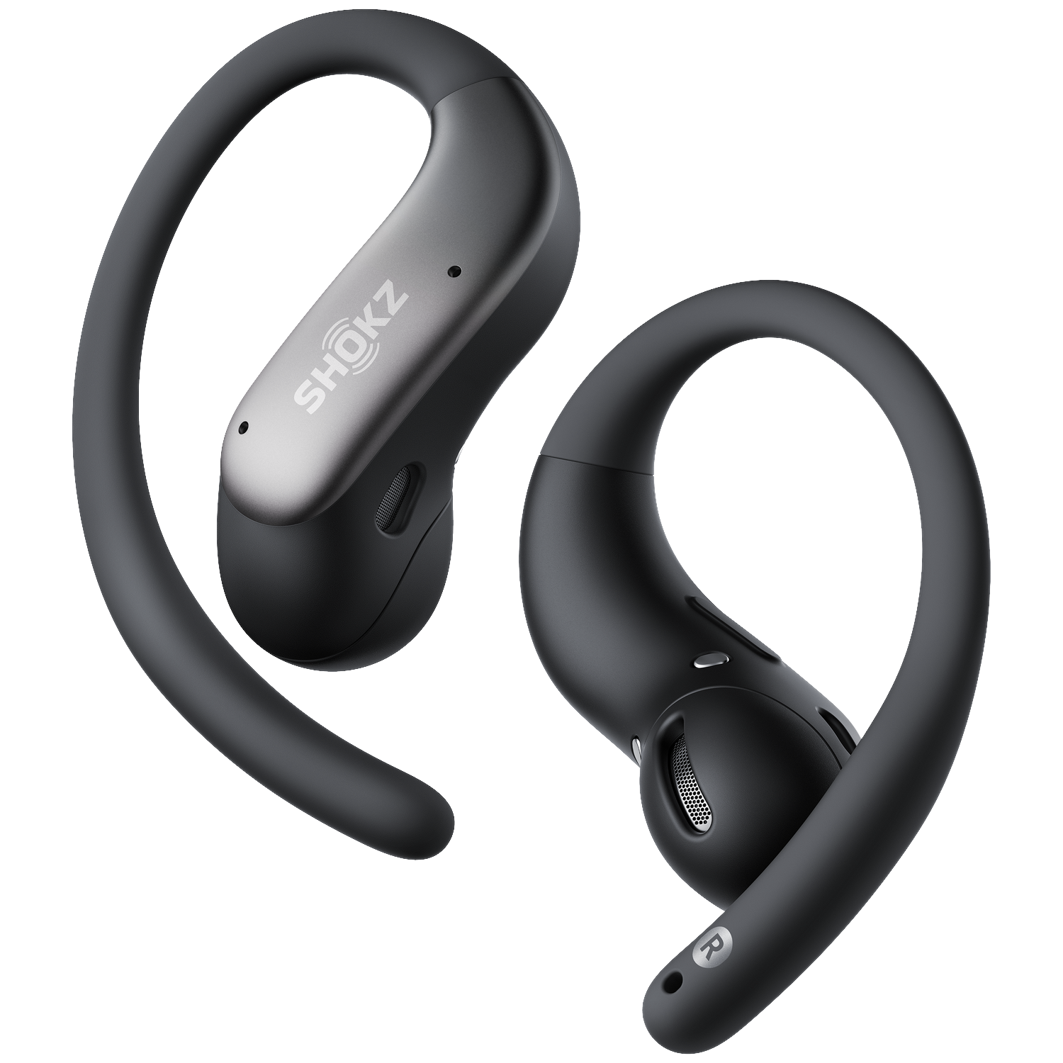 Twee zwarte Shokz draadloze oordopjes met oorhaken tegen zwarte achtergrond.