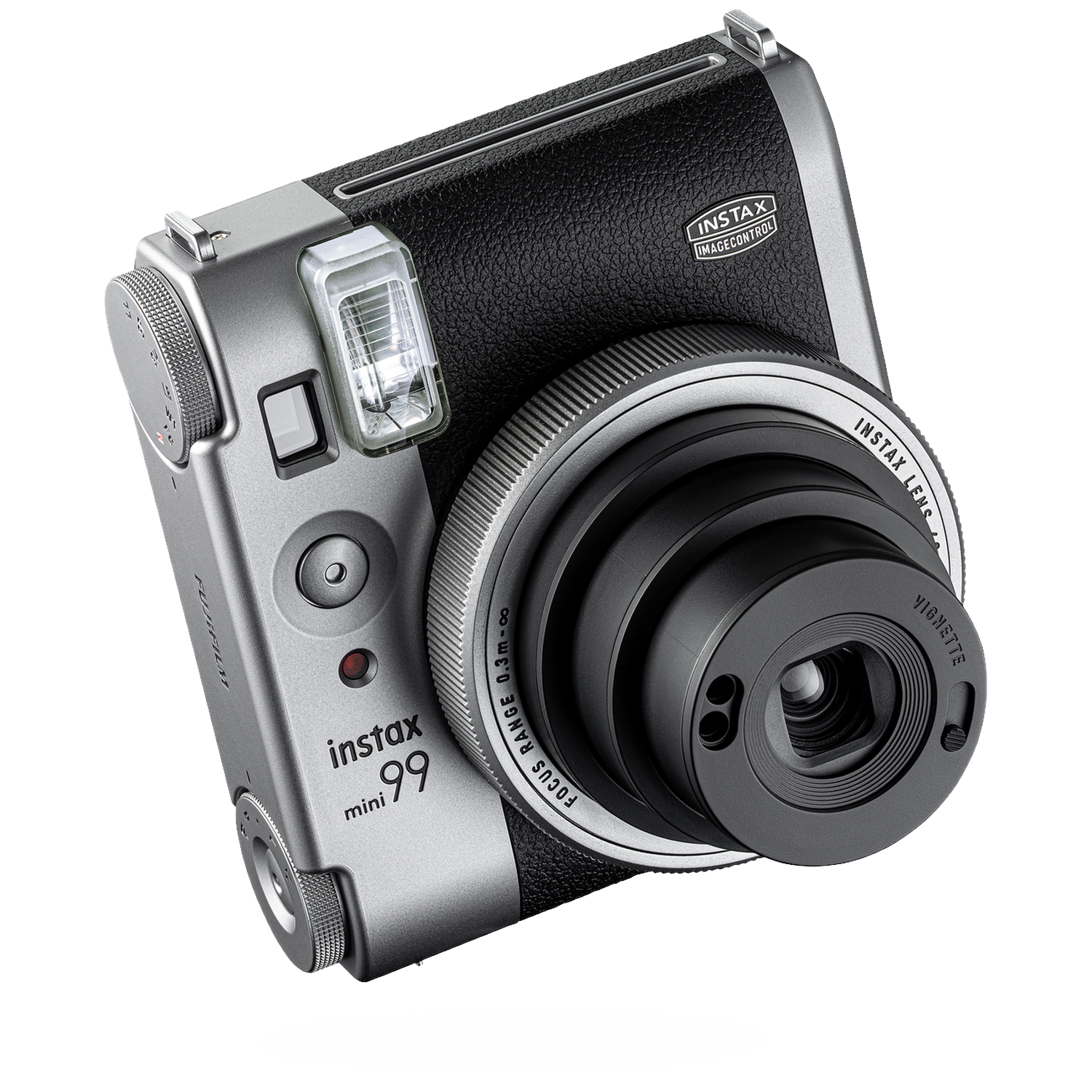 Een grijze en zwarte Fujifilm Instax Mini 99 instant camera tegen een donkere achtergrond.