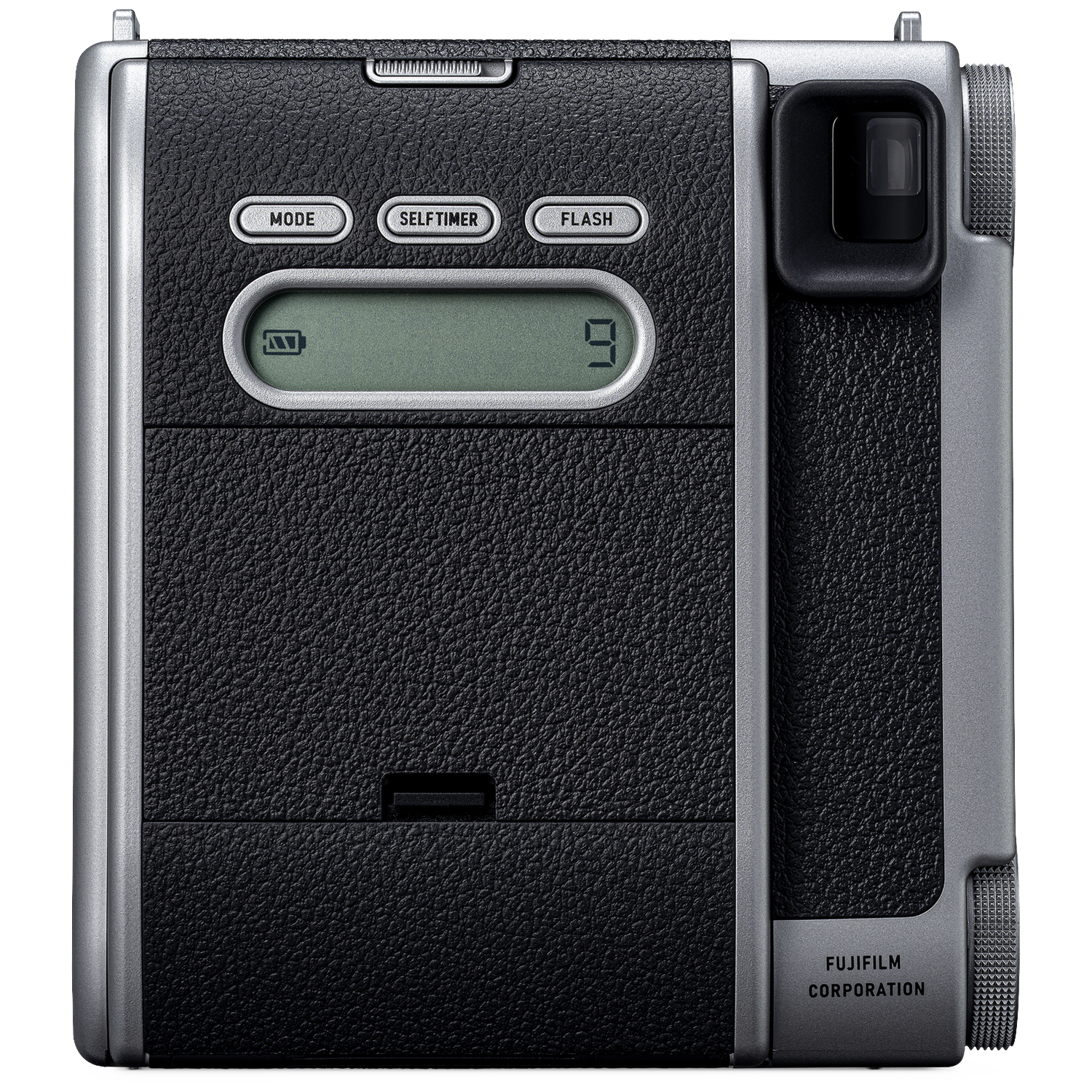 Achterkant van een zwarte Fujifilm instant camera met scherm, knoppen en Fujifilm logo.