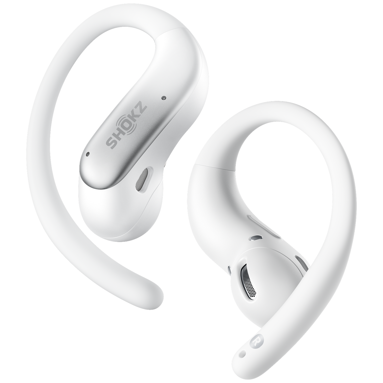 Twee witte Shokz open-ear koptelefoons met oorhaken tegen een zwarte achtergrond.