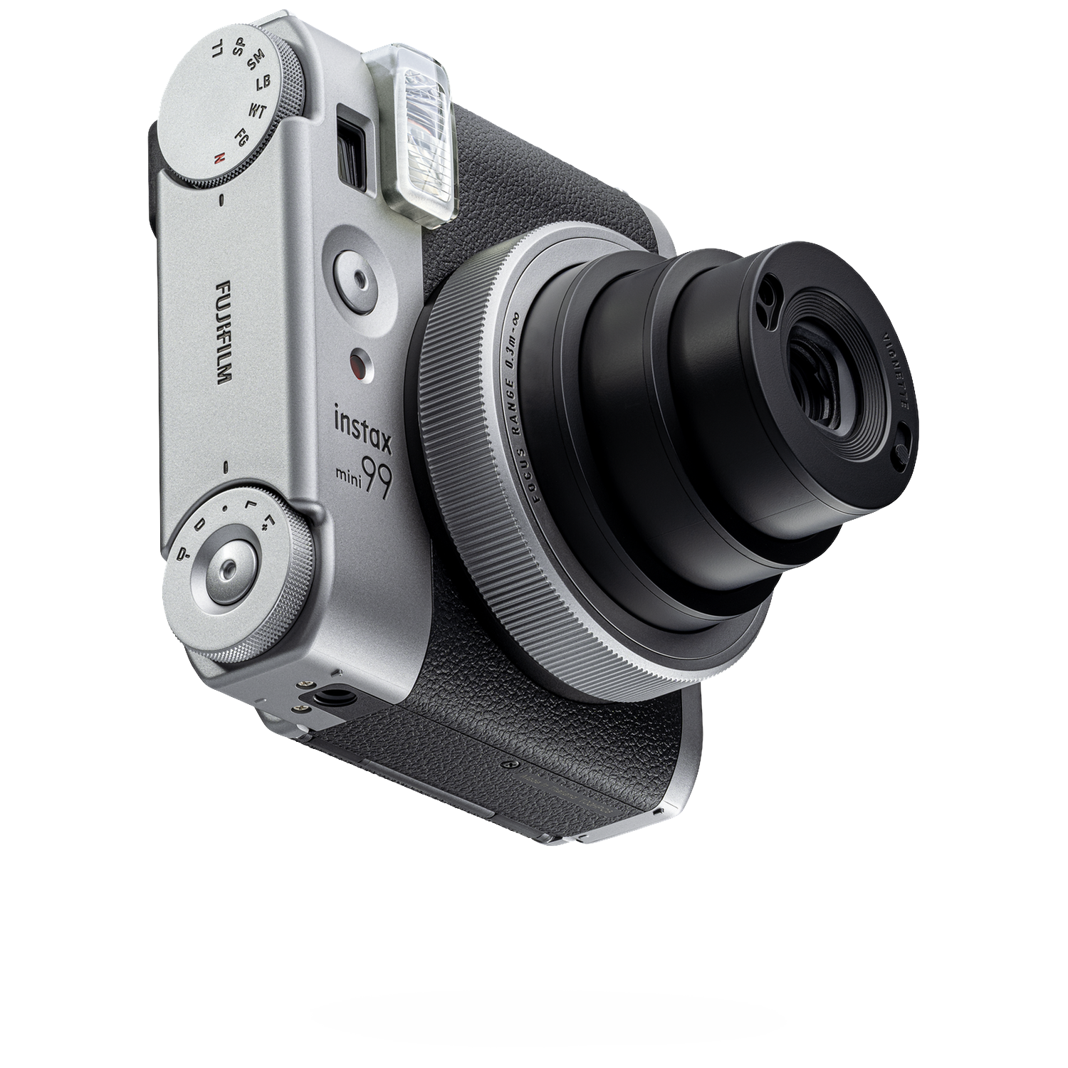 Een zilver-zwarte Fujifilm Instax mini 99 instant camera tegen een zwarte achtergrond.