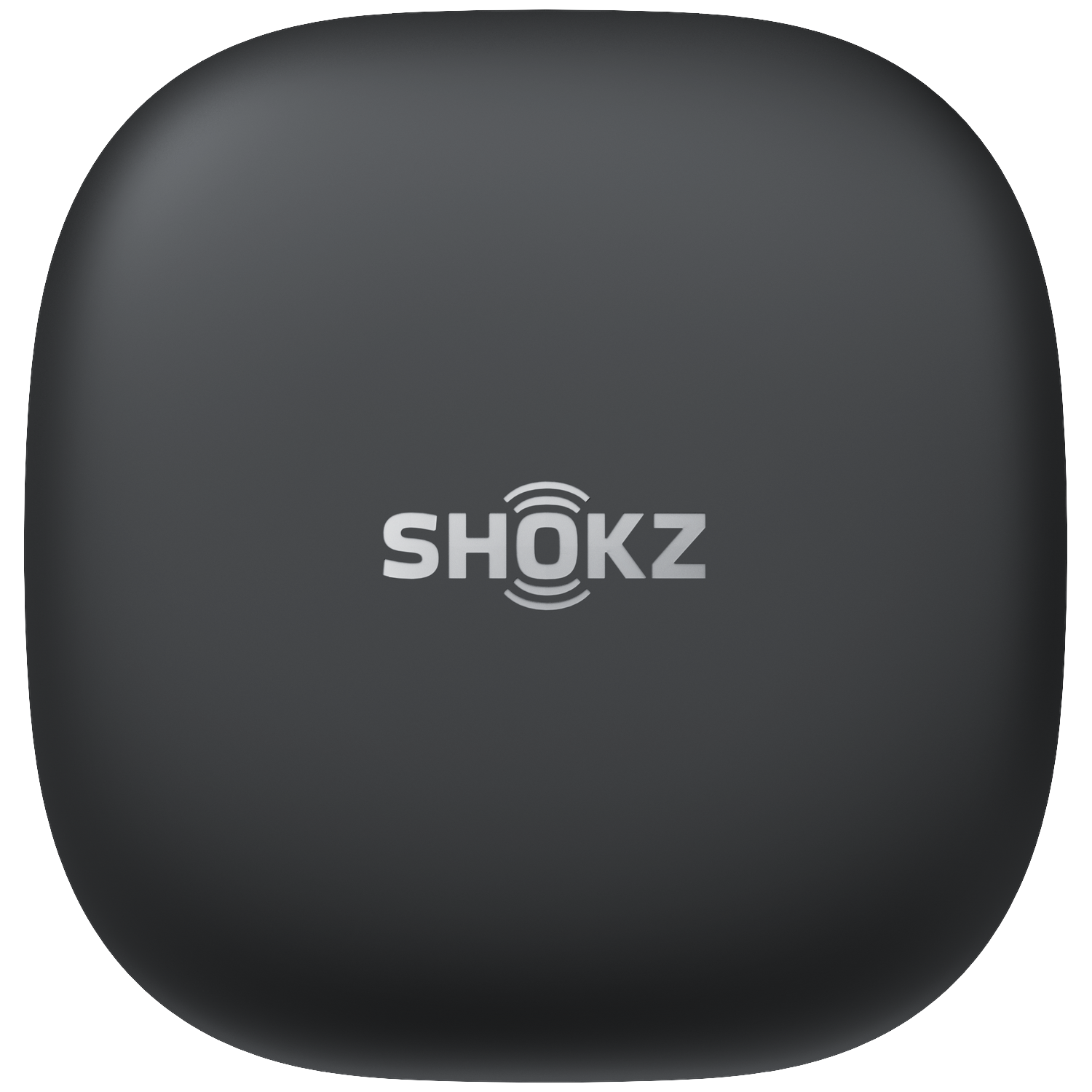 Een grijs, vierkant Shokz-oplaadetui met afgeronde hoeken en een wit logo op een zwarte achtergrond.
