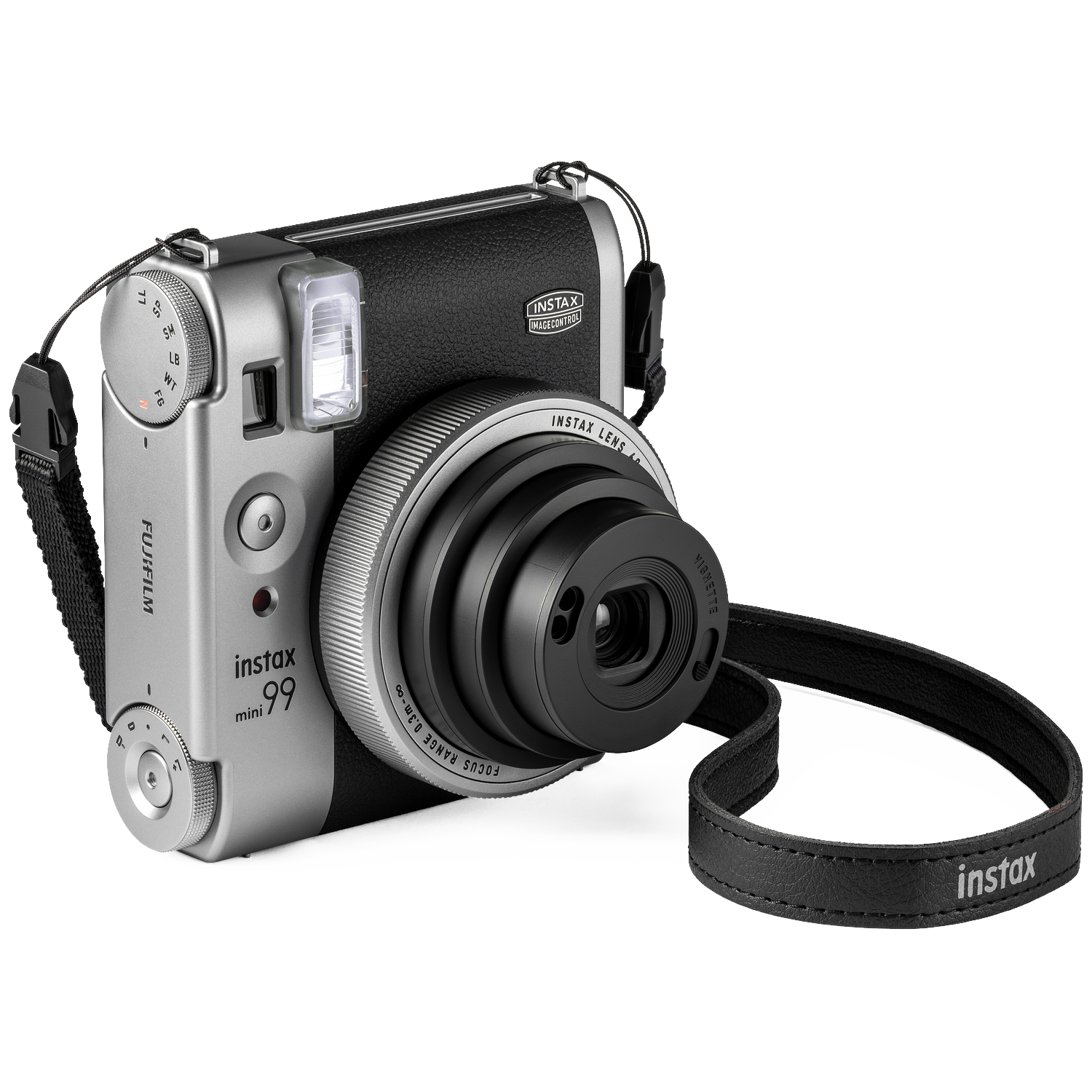 Een zilver-zwarte Fujifilm Instax mini 99 instant camera met een draagriem tegen een zwarte achtergrond.