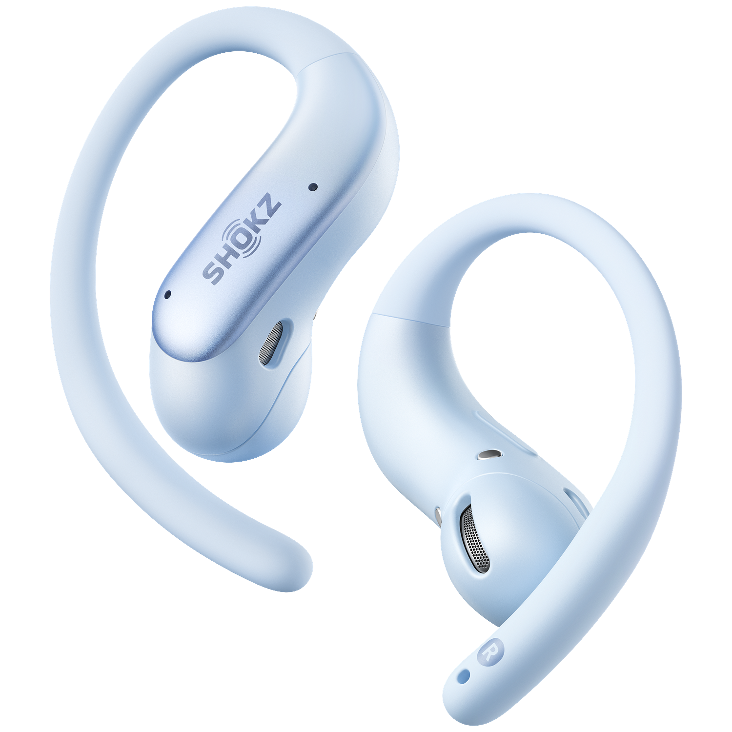 Lichtblauwe Shokz open-ear koptelefoon met oorhaken tegen een zwarte achtergrond.