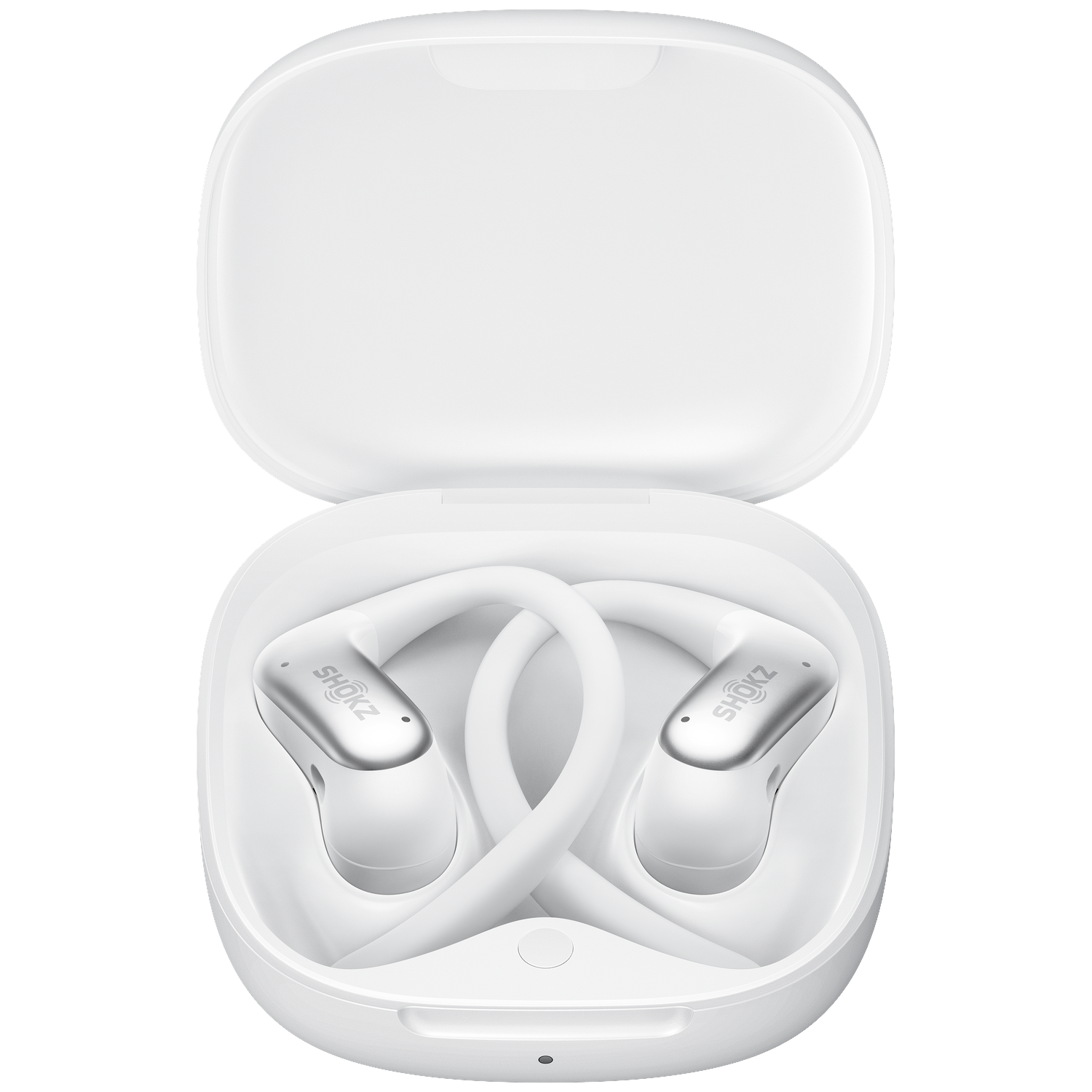 Witte Shokz open-ear koptelefoon met oorhaken in een open witte oplaadcase op een zwarte achtergrond.