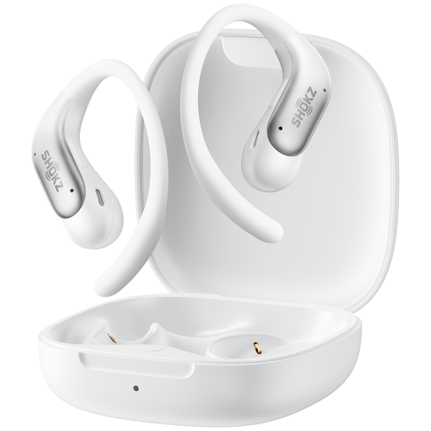 Witte Shokz open-oor koptelefoon met oorhaken zweeft voor een open witte oplaadcase op een zwarte achtergrond.