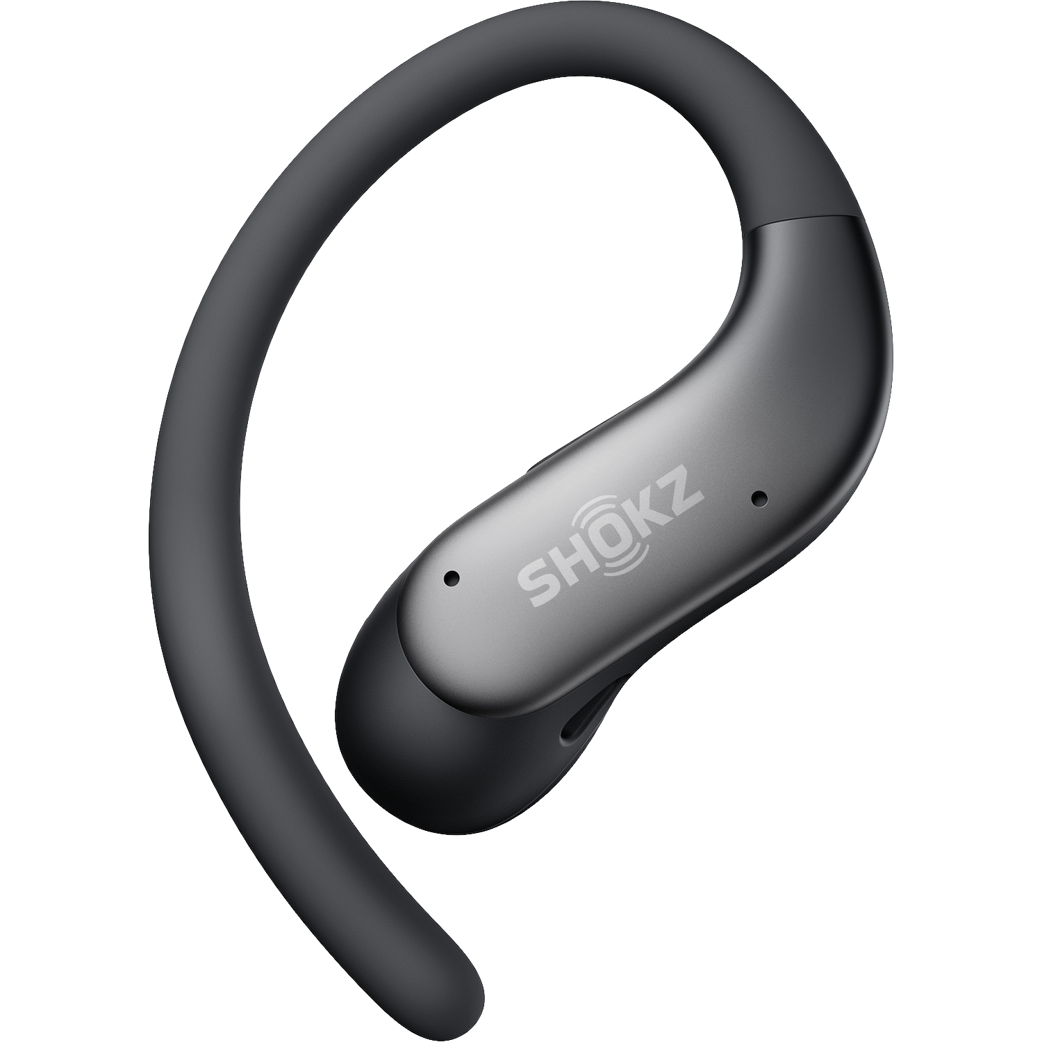 Zwarte Shokz open-oor oordopje met oorhaak tegen donkere achtergrond.