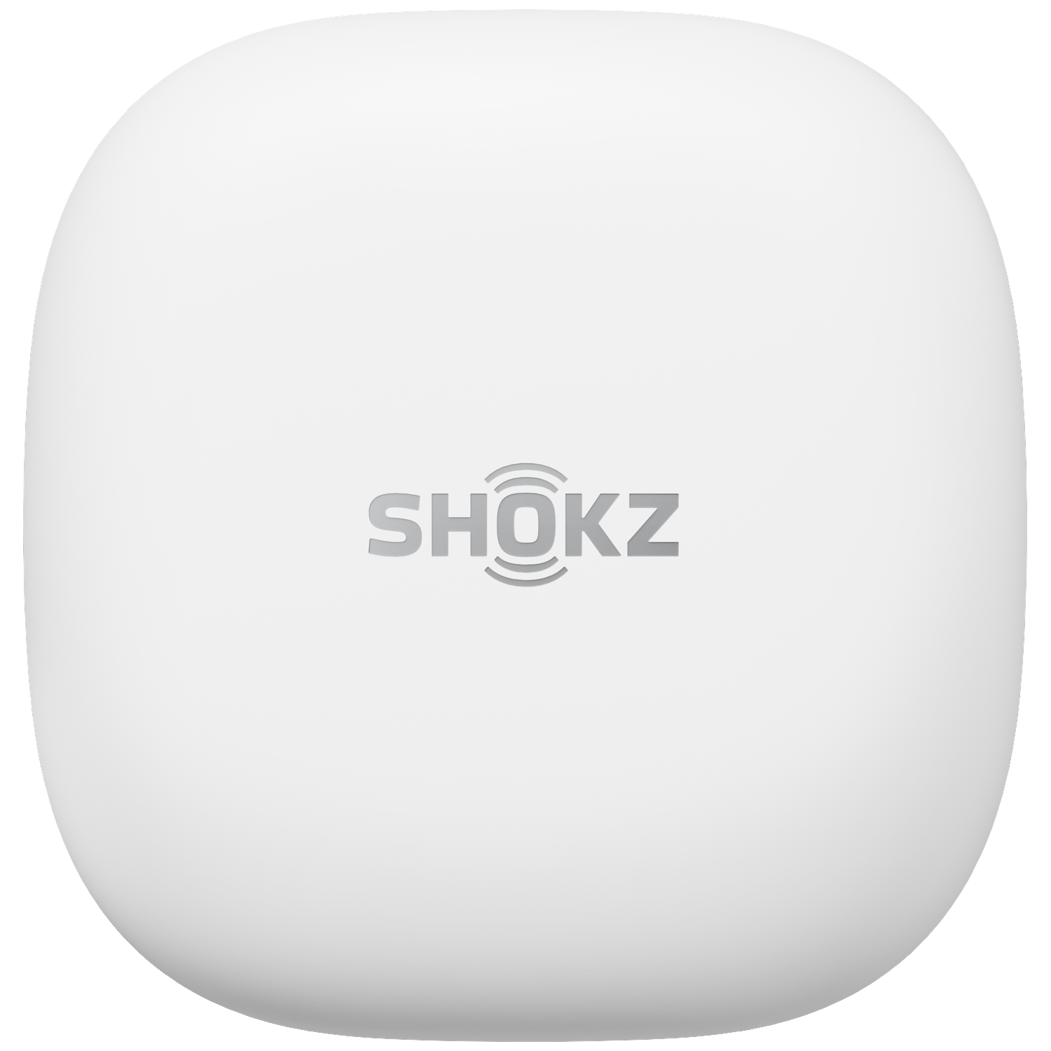 Een witte vierkante doos met afgeronde hoeken en het grijze Shokz-logo in het midden tegen een zwarte achtergrond.