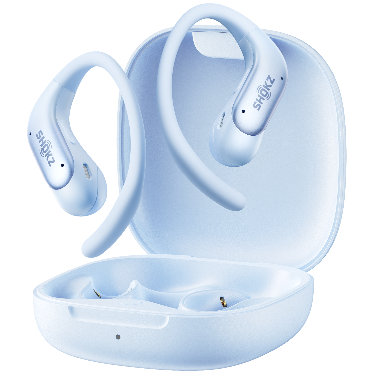 Lichtblauwe Shokz open-ear draadloze oordopjes met oplaadcase tegen een zwarte achtergrond.