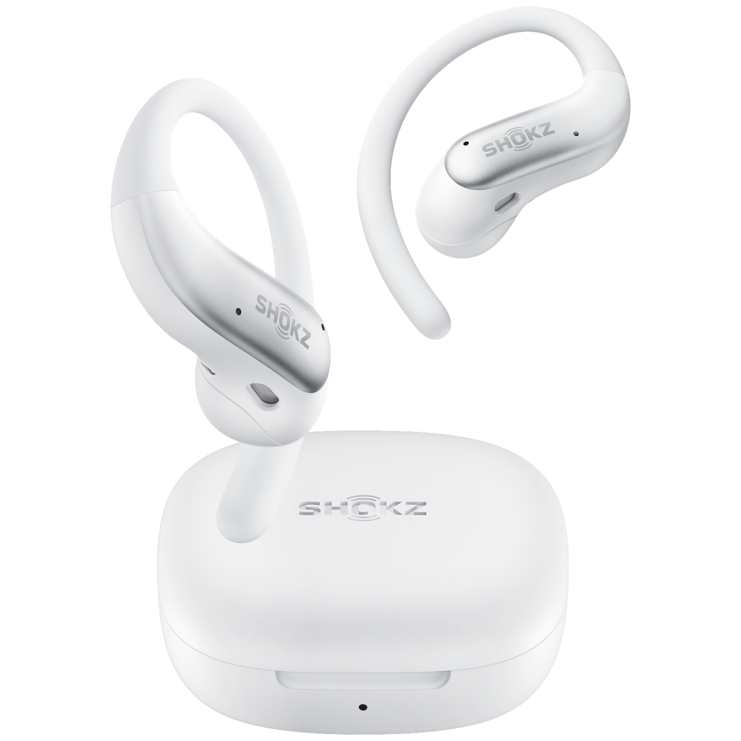 Witte Shokz OpenFit oordopjes met oorhaken boven een bijbehorende oplaadcase op zwarte achtergrond.