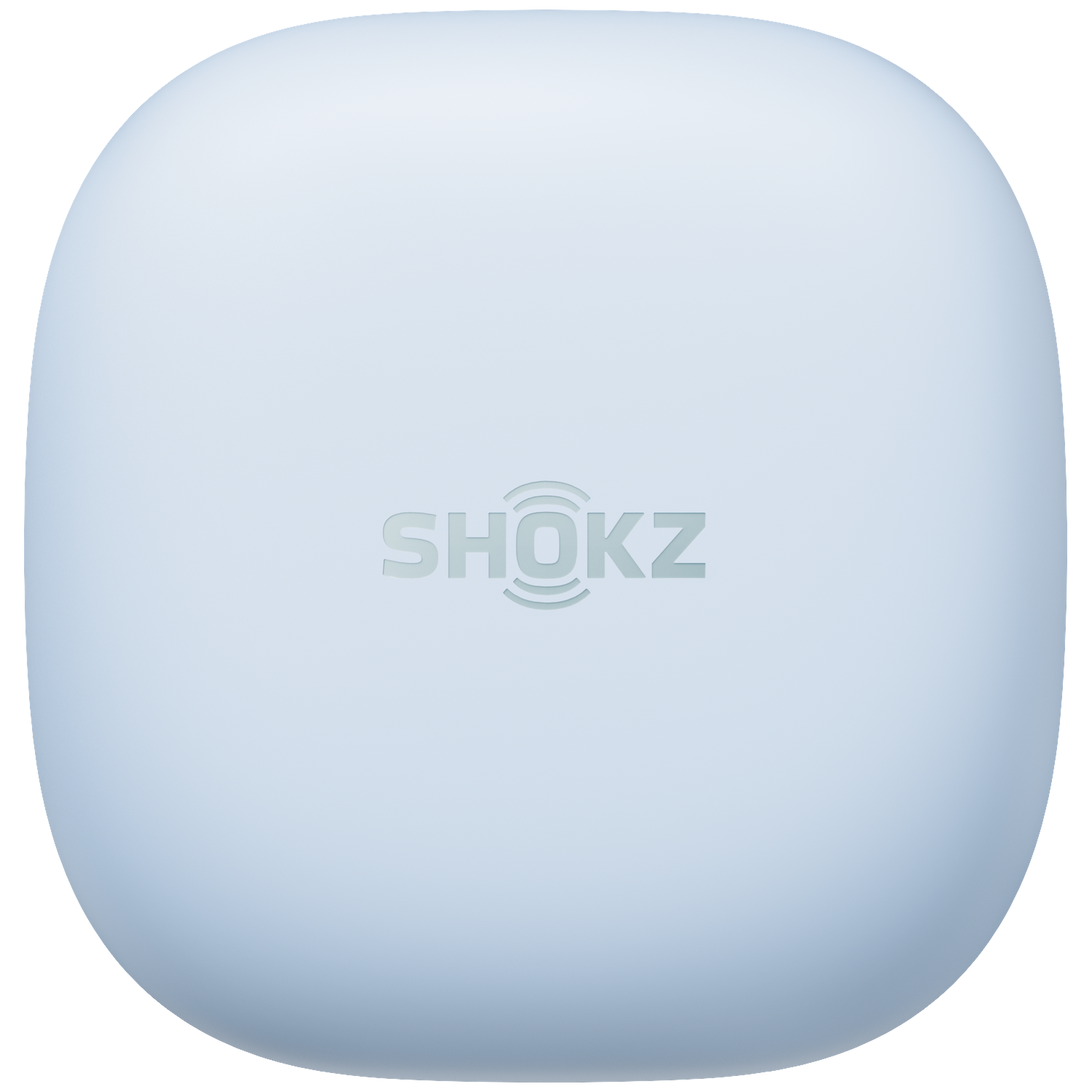 Een lichtblauwe, vierkante Shokz-oplaadcase met afgeronde hoeken tegen een zwarte achtergrond.
