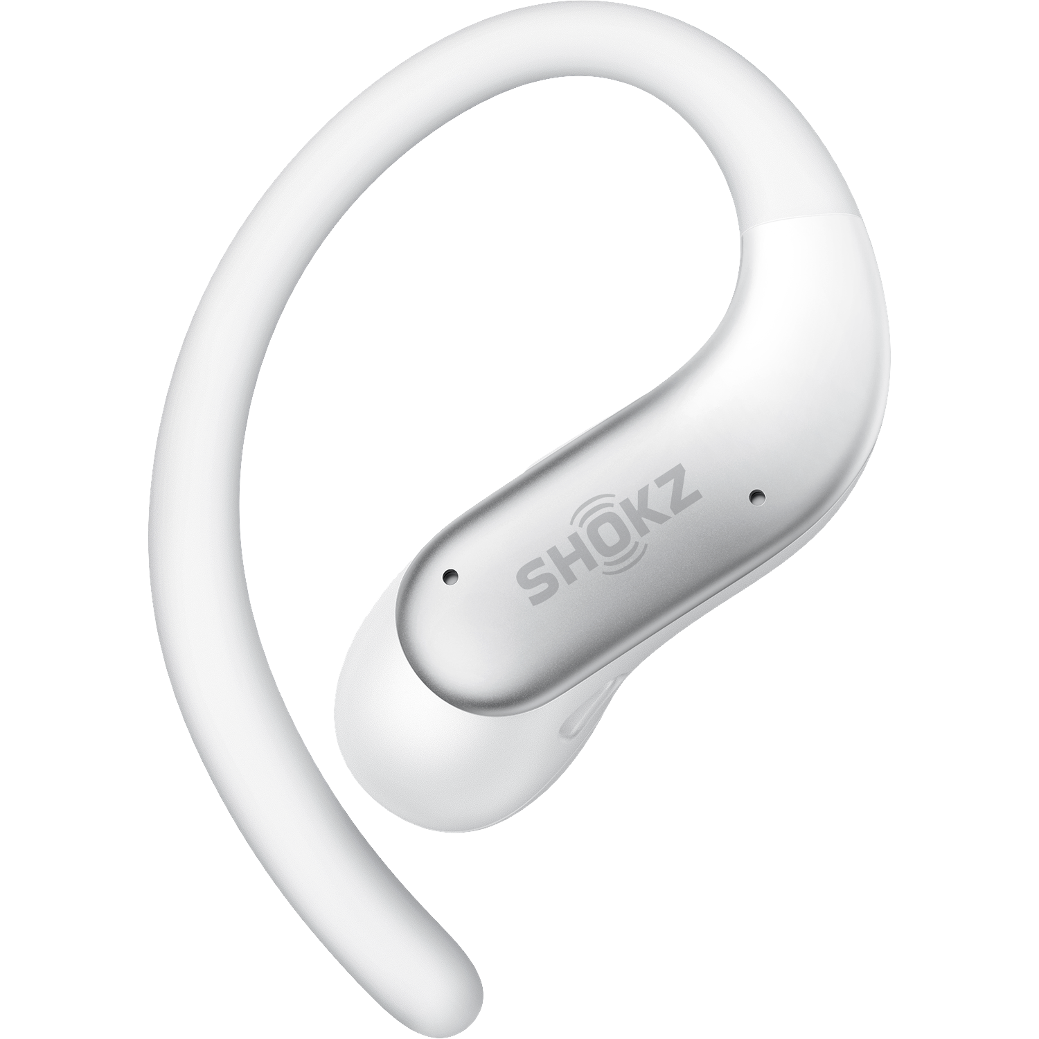 Witte Shokz open-ear hoofdtelefoon met gebogen oorhaak en zilveren accent op zwarte achtergrond.