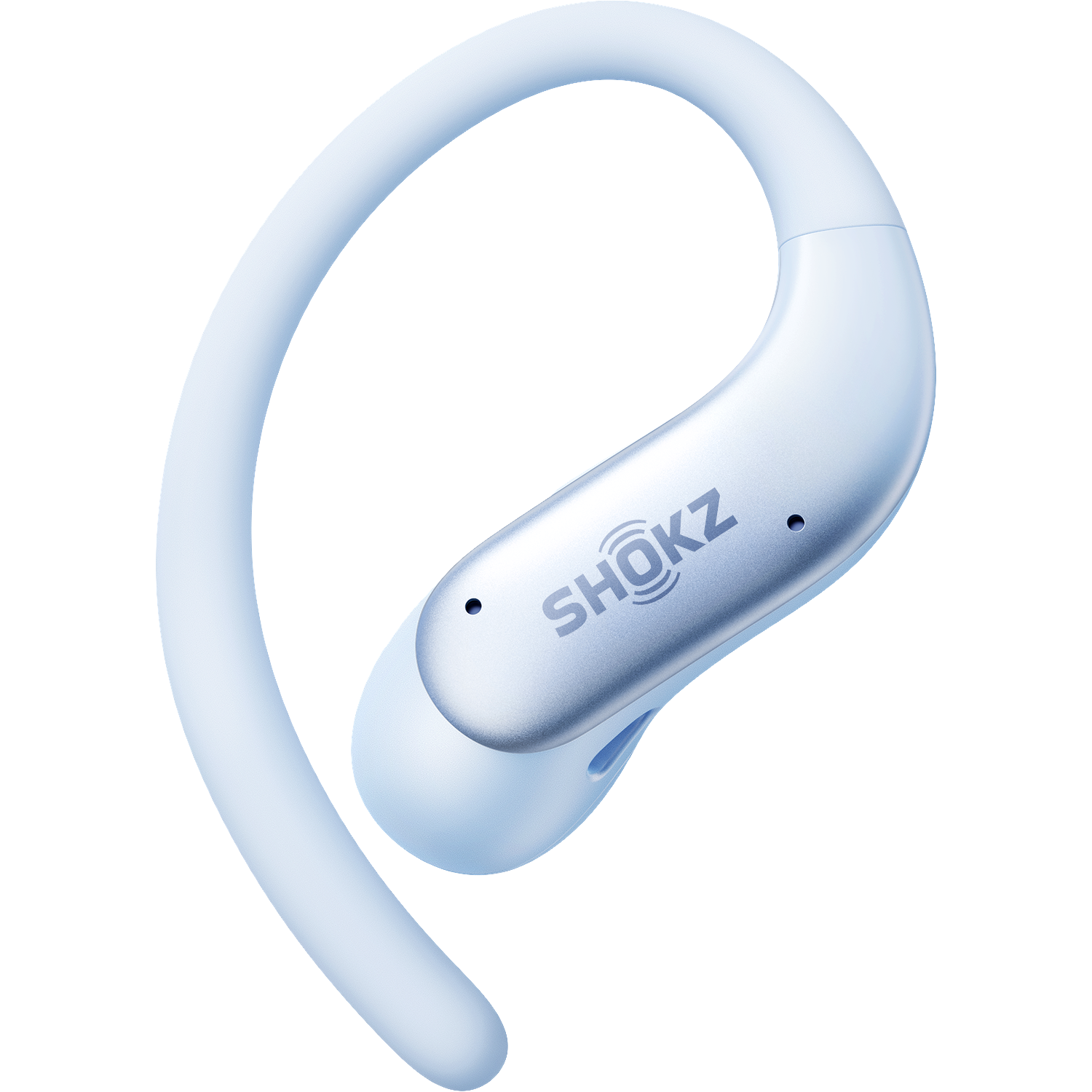 Een lichtblauwe Shokz open-ear hoofdtelefoon met oorhaak en zilveren accent tegen zwarte achtergrond.